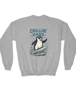 Youth Crewneck Sweatshirt, Kids Chillin Hard Penguin Sweatshirt, Funny Cool Animal Pullover for Children