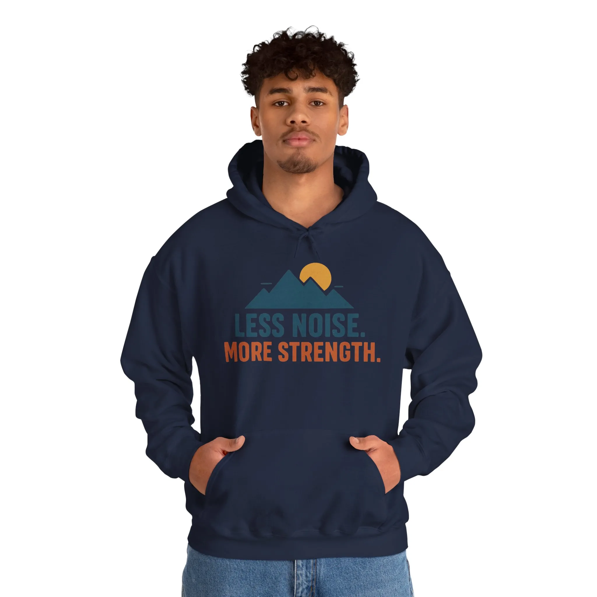 Men’s Less Noise More Strength Hoodie, Motivational Mountain Graphic Pullover, Mens Heavy Blend™ Hooded Sweatshirt - Image 36