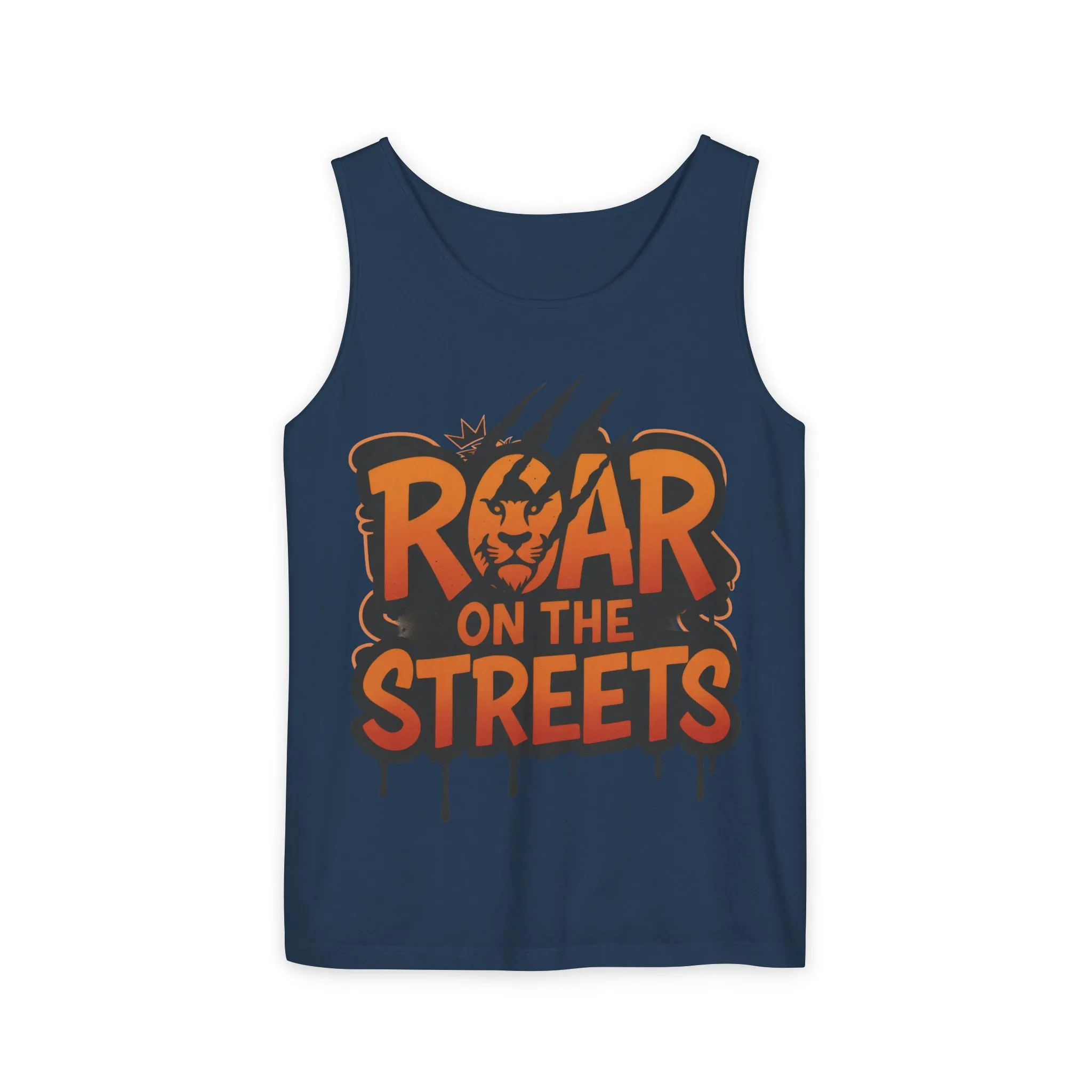 Mens Garment-Dyed Tank Top, Roar on the Streets Lion Graphic Mens Tank Top - Image 2