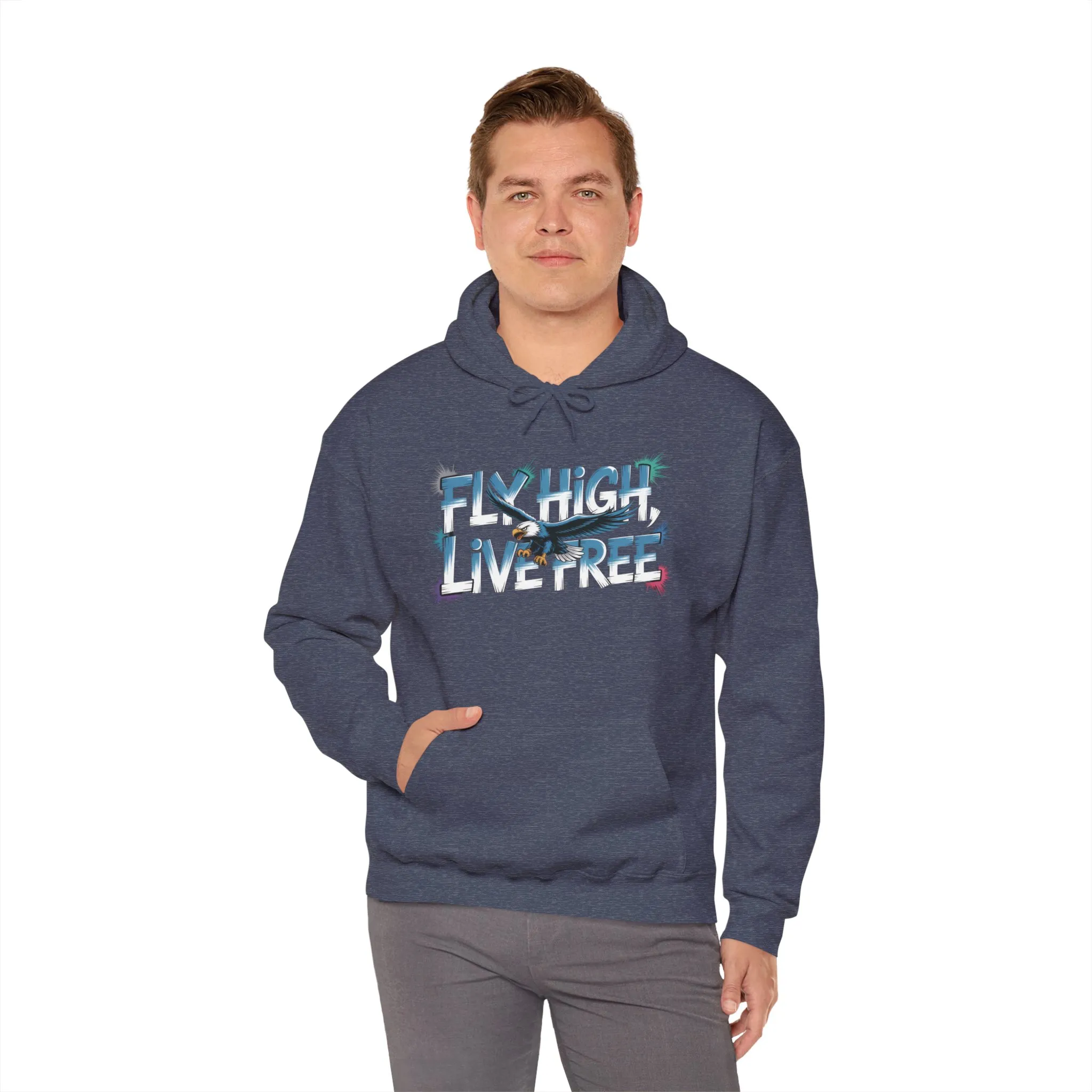 Mens Heavy Blend™ Hooded Sweatshirt, Fly High Live Free Eagle Mens Hoodie Streetwear - Image 16