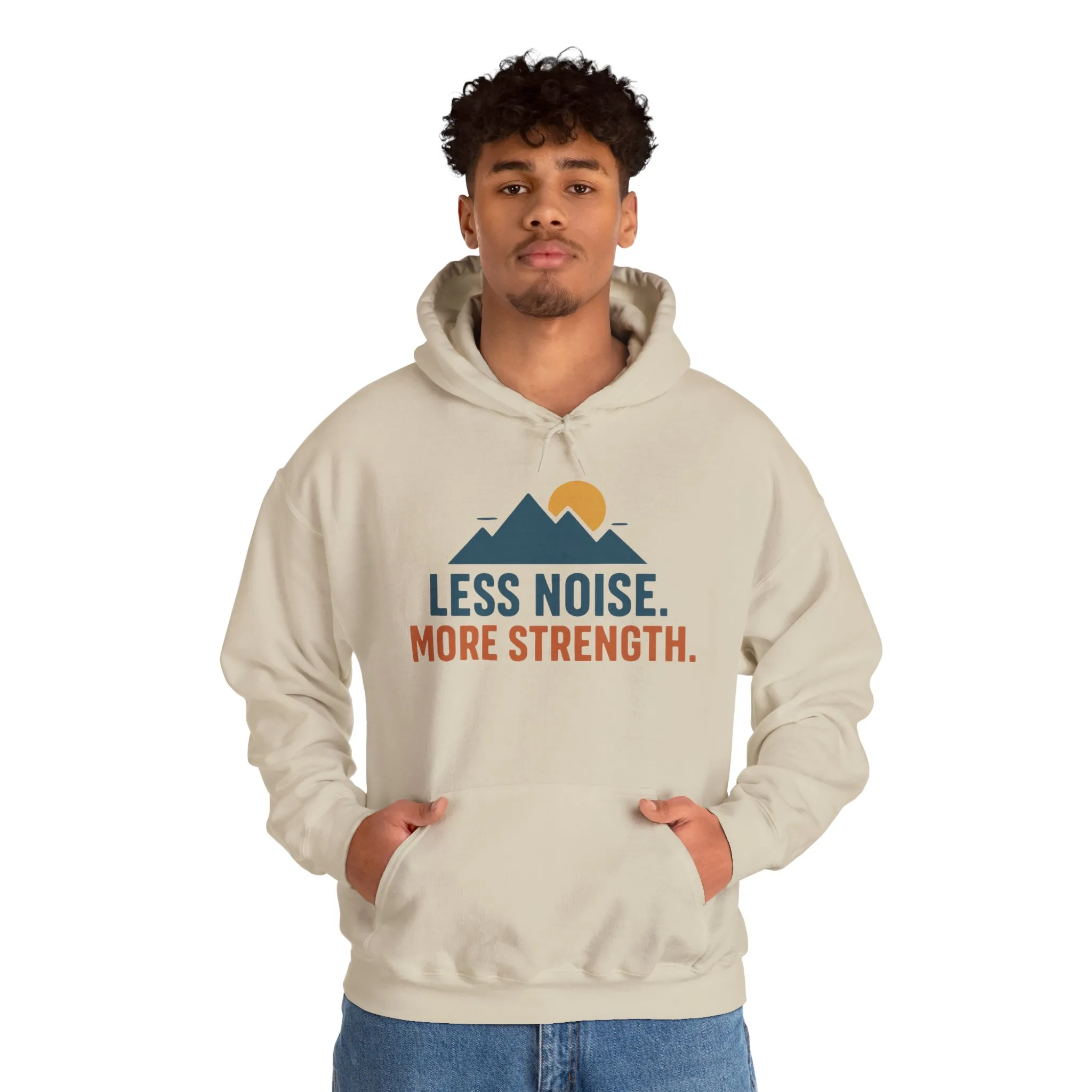Men’s Less Noise More Strength Hoodie, Motivational Mountain Graphic Pullover, Mens Heavy Blend™ Hooded Sweatshirt - Image 6