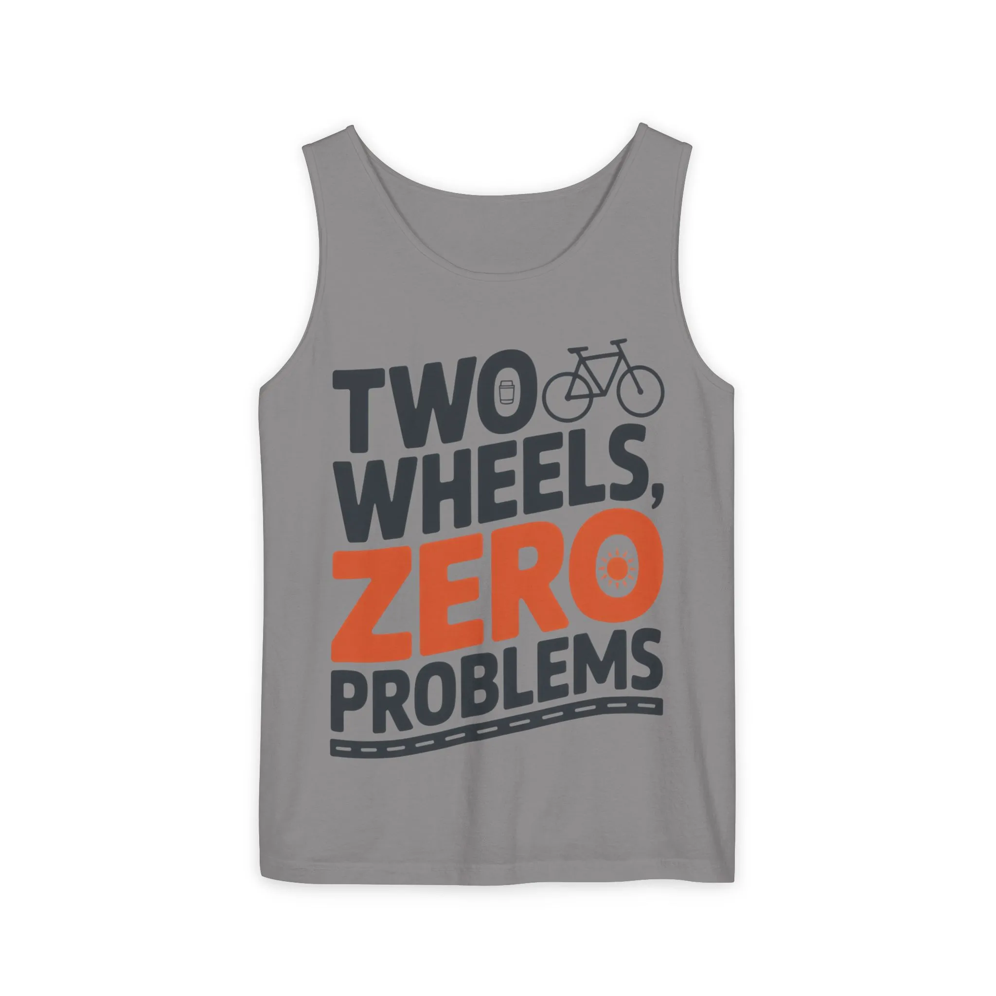 Mens Garment-Dyed Tank Top, Two Wheels Zero Problems Mens Cycling Graphic Tank, Gift for Cyclists - Image 5