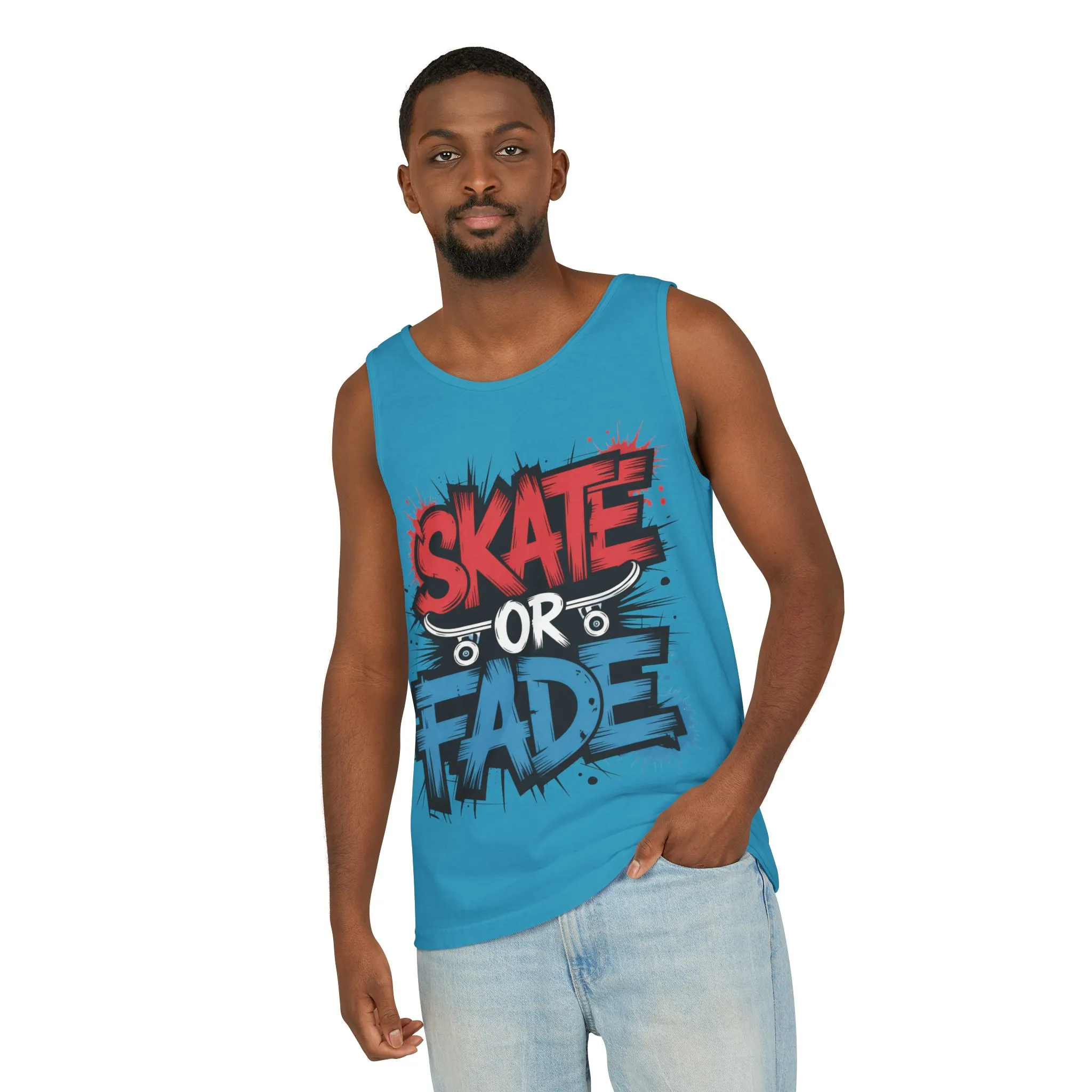 Skate Or Fade Men's Tank Top, Graffiti Skateboard Graphic Muscle Shirt, Urban Streetwear Sleeveless Top, Men's Garment-Dyed Tank Top - Image 13