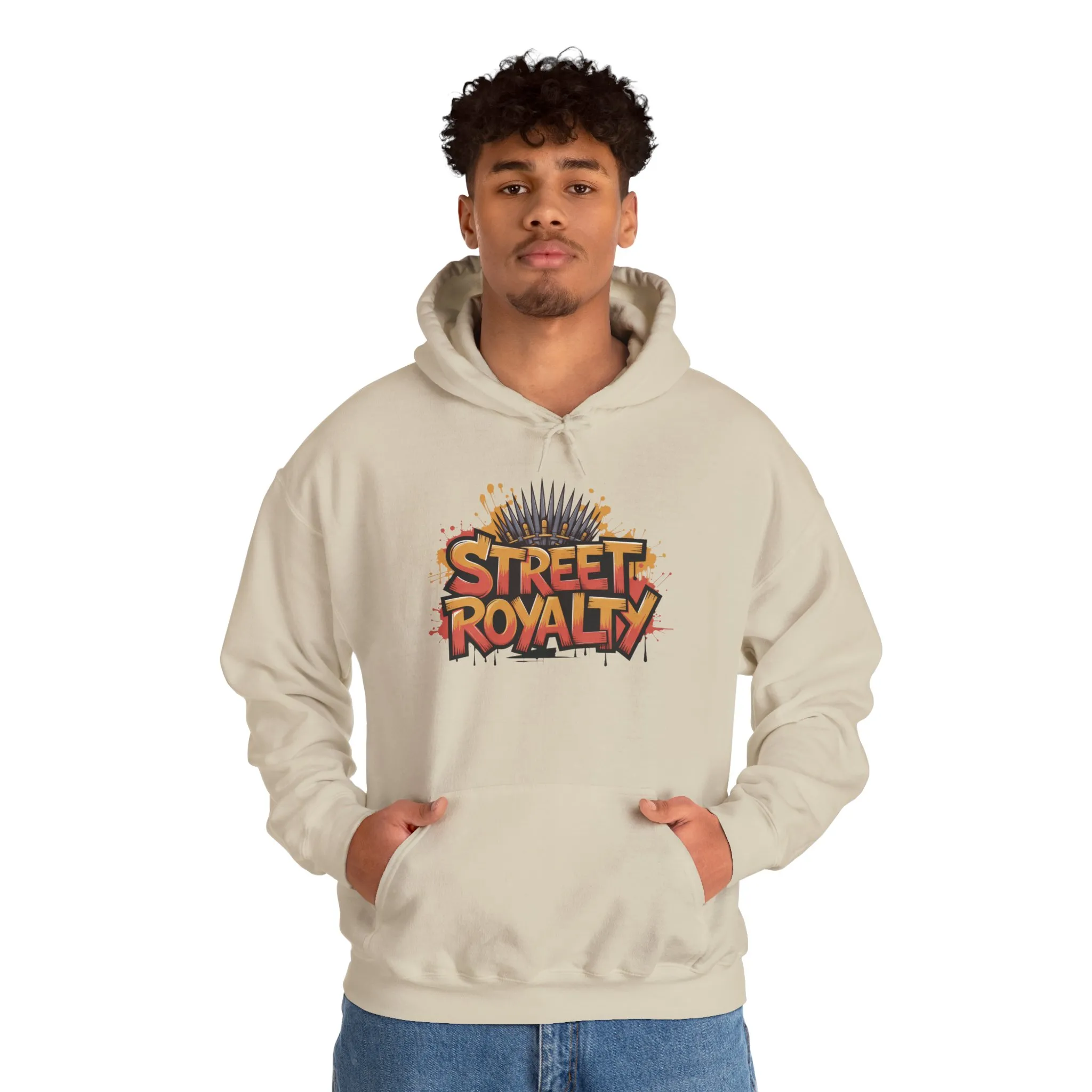 Street Royalty Men's Hoodie, Graffiti Crown Graphic Sweatshirt, Urban Streetwear Pullover with Throne Design