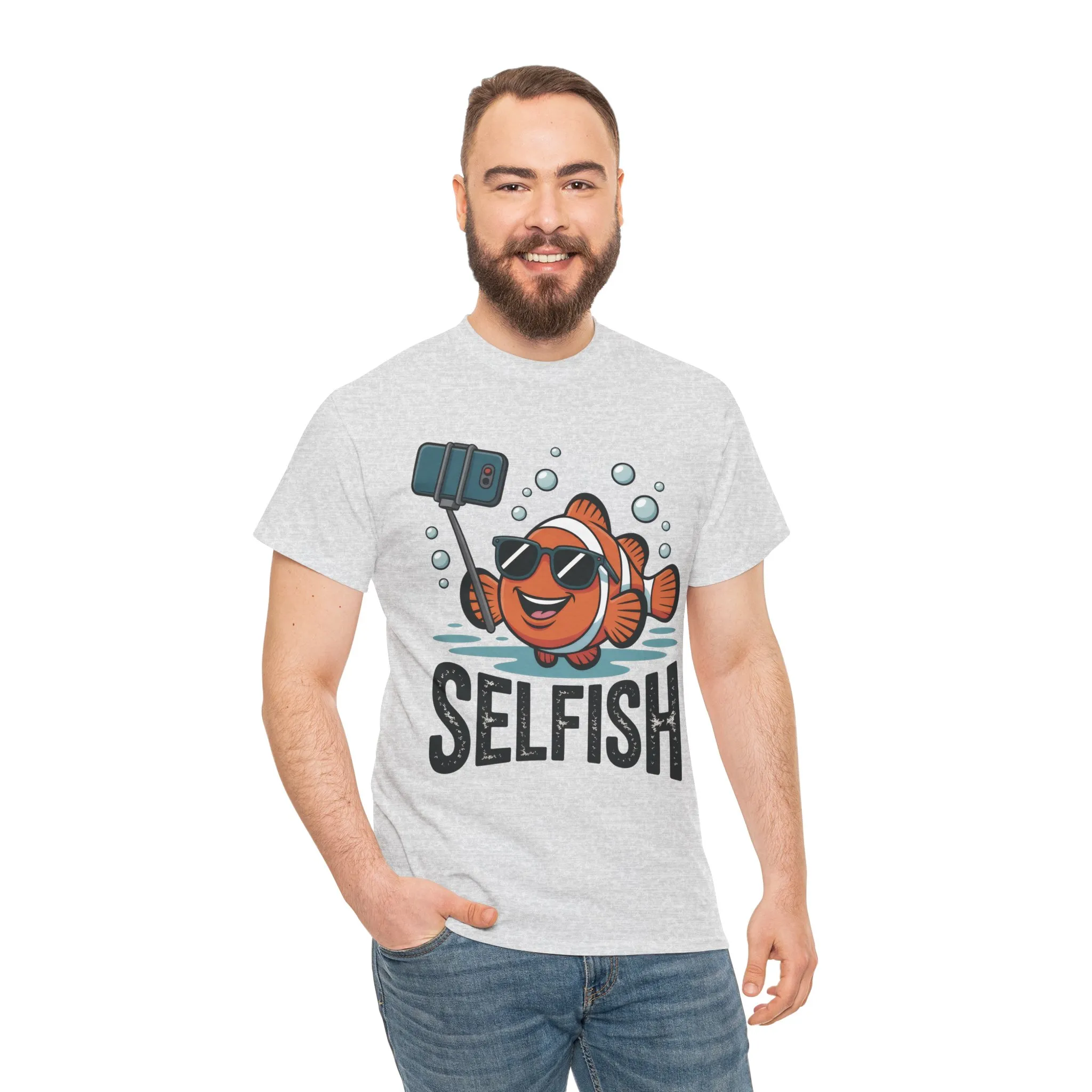Unisex Heavy Cotton Tee, Mens Selfish Funny Fish T-Shirt, Cute Selfie Graphic Tee, Ocean Humor Shirt - Image 5
