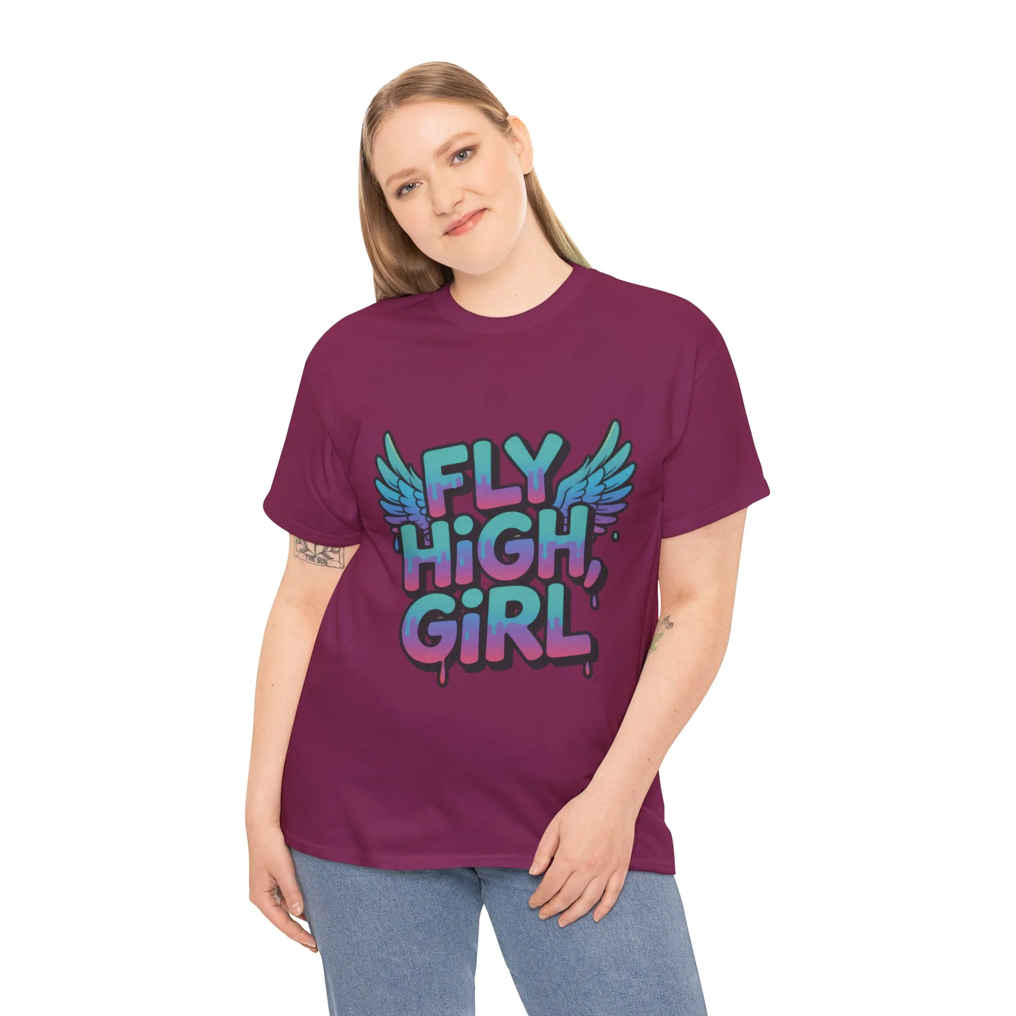 Women's Graphic Tee Fly High Girl, Angel Wings Graffiti Drip T-Shirt, Bold Streetwear Top - Image 27