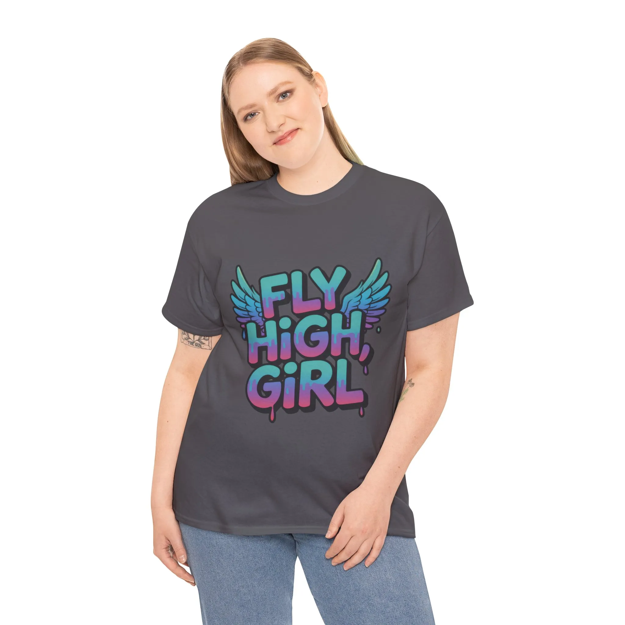 Women's Graphic Tee Fly High Girl, Angel Wings Graffiti Drip T-Shirt, Bold Streetwear Top - Image 15