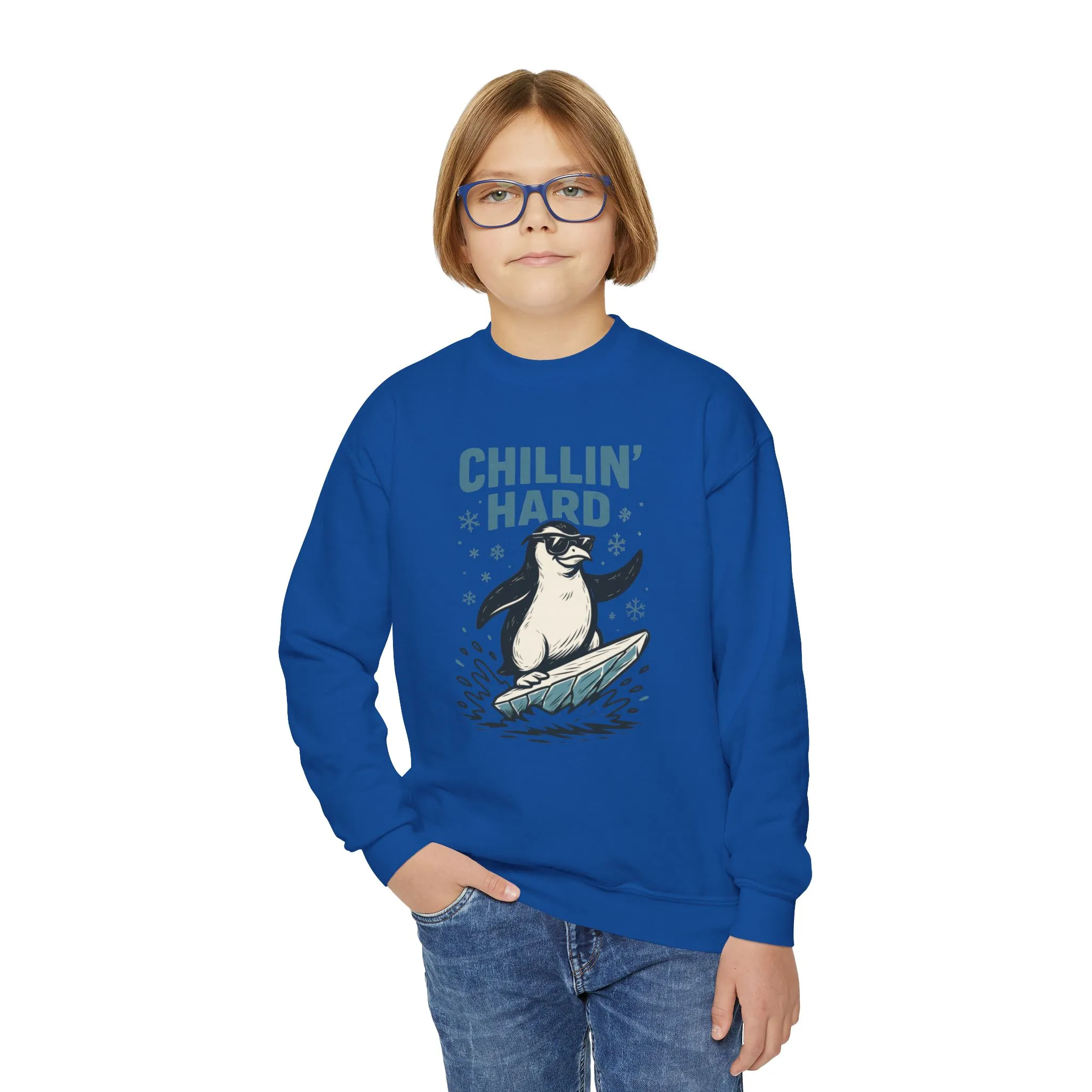 Youth Crewneck Sweatshirt, Kids Chillin Hard Penguin Sweatshirt, Funny Cool Animal Pullover for Children - Image 8