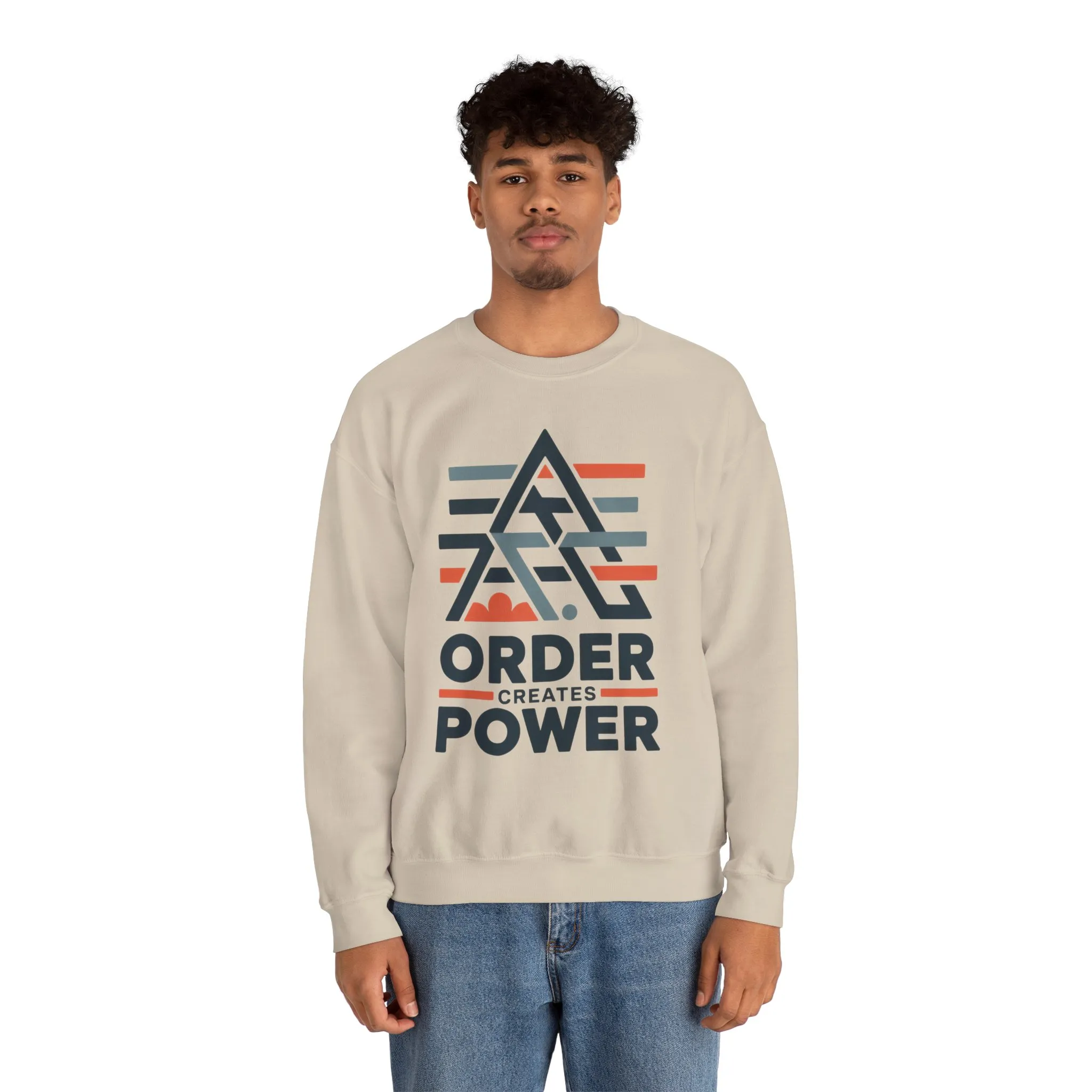 Mens Sweatshirt Order Creates Power, Minimal Geometric Motivational Graphic Pullover, Heavy Blend™ Crewneck Sweatshirt