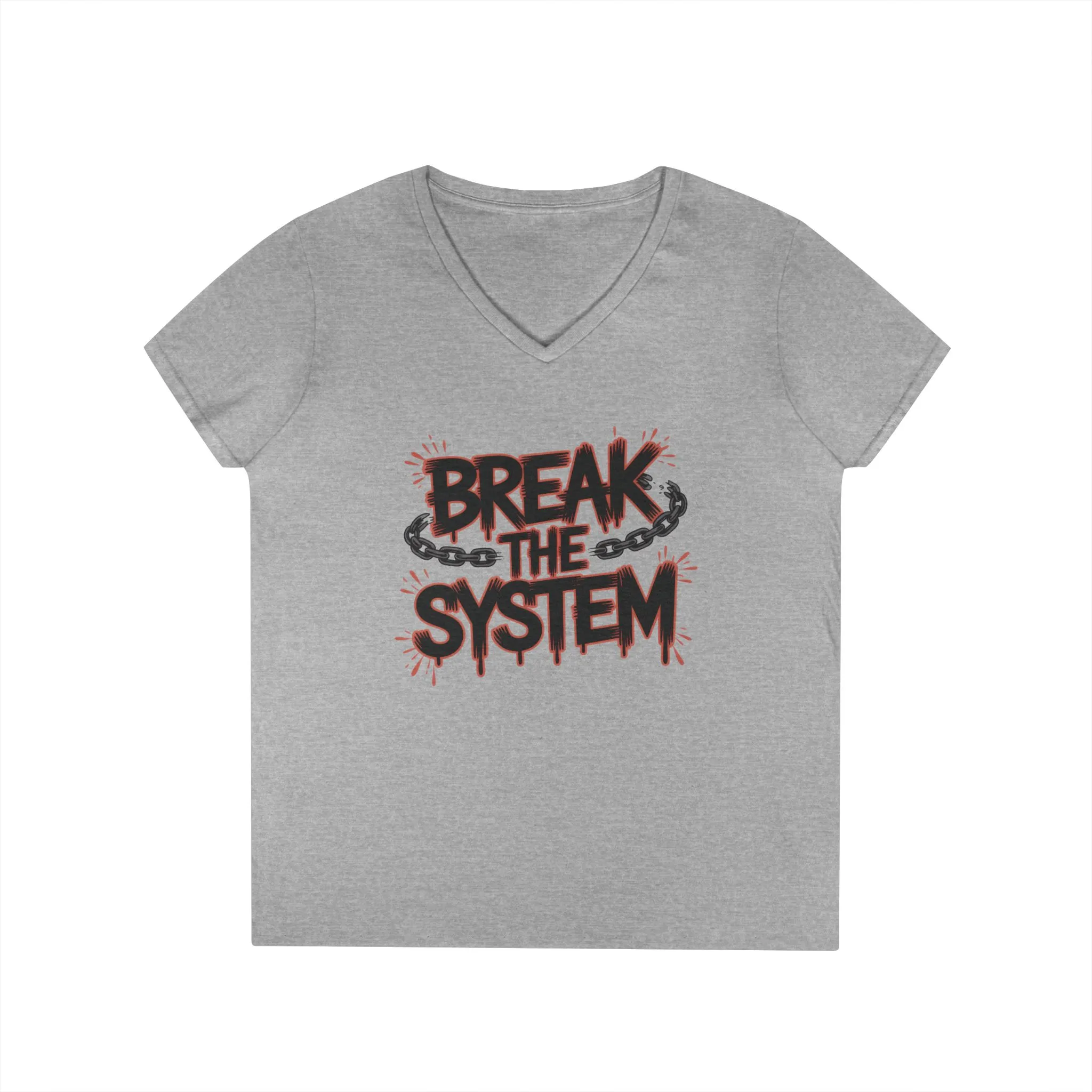 Ladies' V-Neck T-Shirt, Women's Graphic Tee, Break the System Shirt, Feminist Protest T-Shirt, Streetwear Gift for Her - Image 2