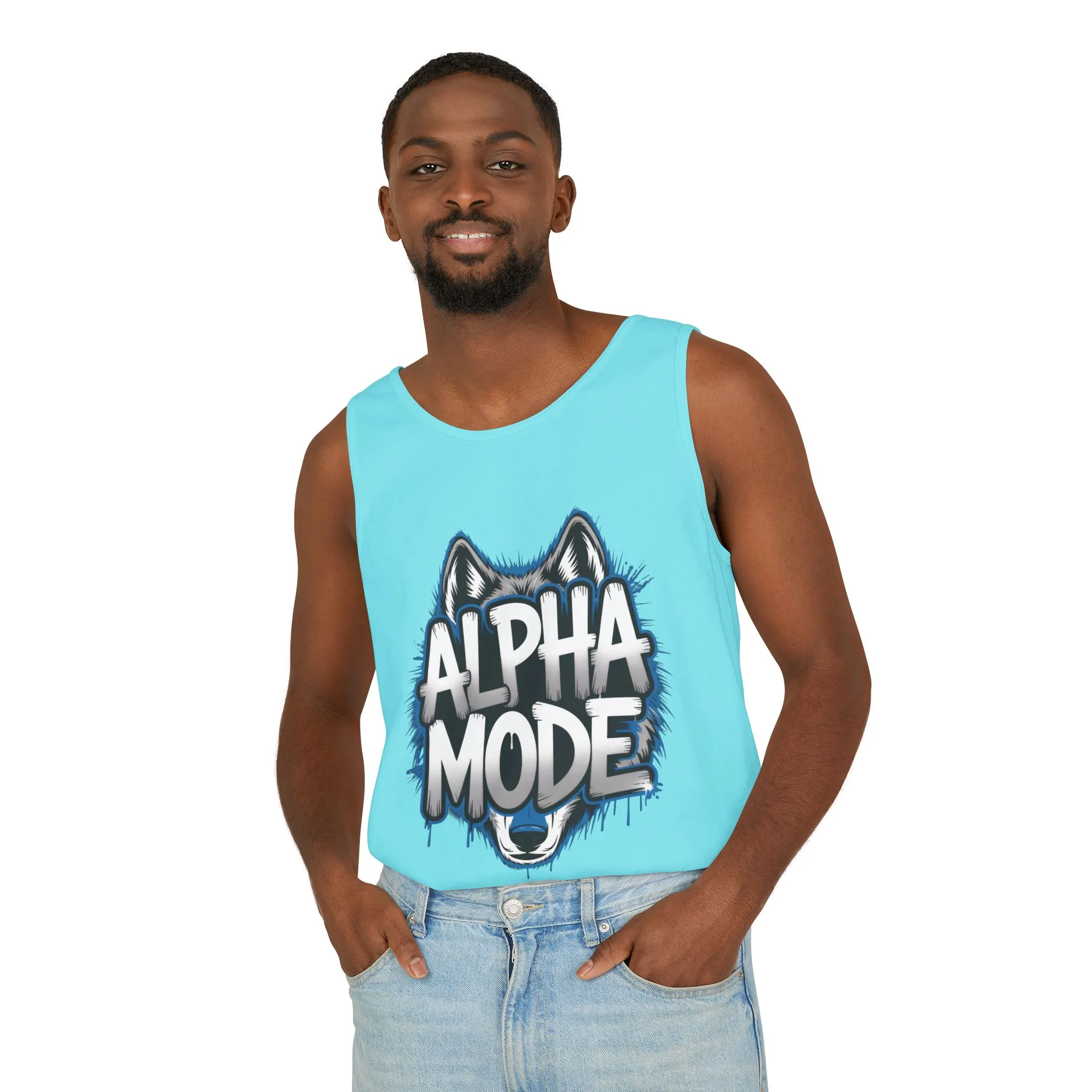 Mens Garment-Dyed Tank Top, Alpha Mode Wolf Graphic Mens Tank Top Gym Wear - Image 9