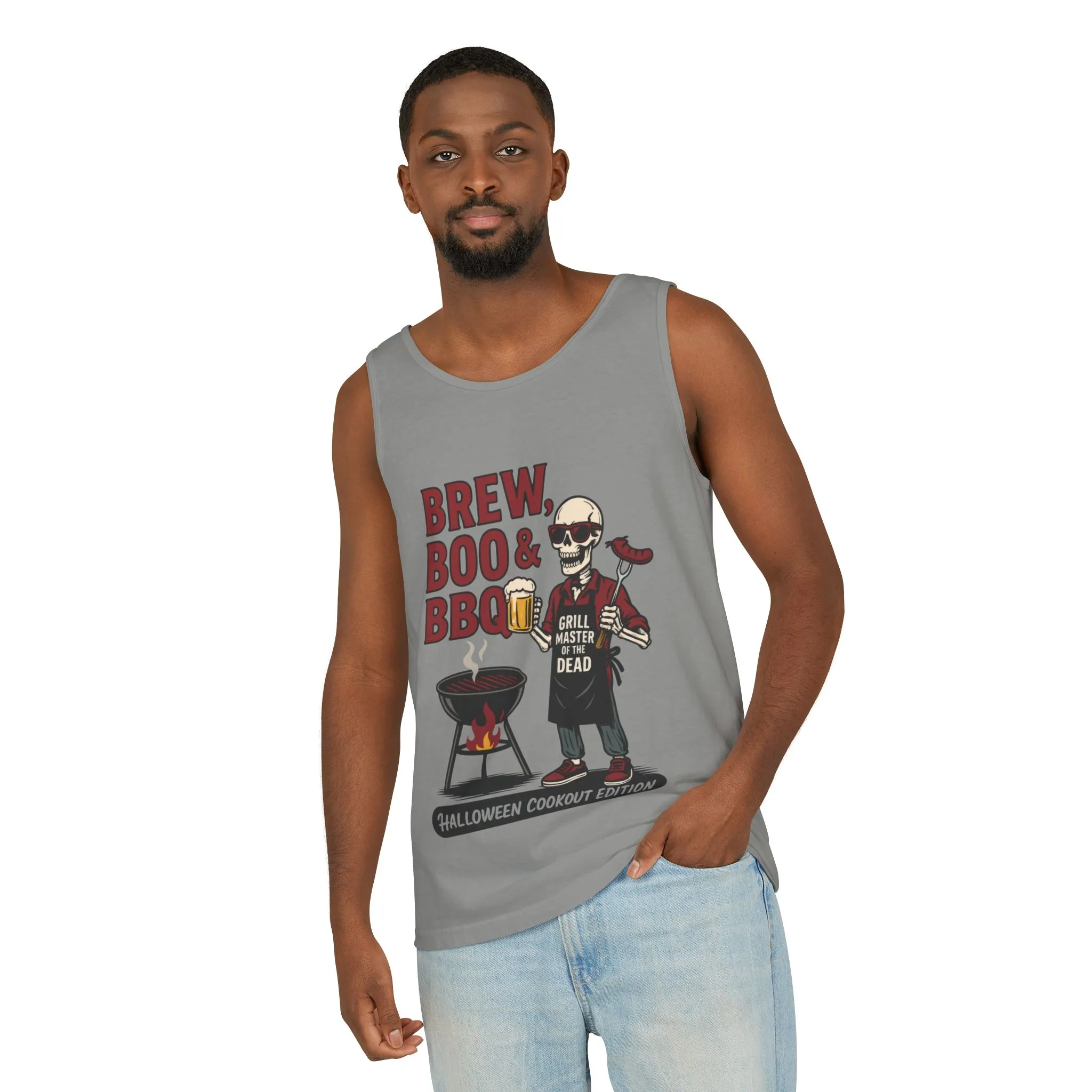Halloween BBQ Men's Tank Top, Brew Boo & BBQ Skeleton Grill Master, Funny Dad Gift, Grill Master Top, Funny Skeleton Top
