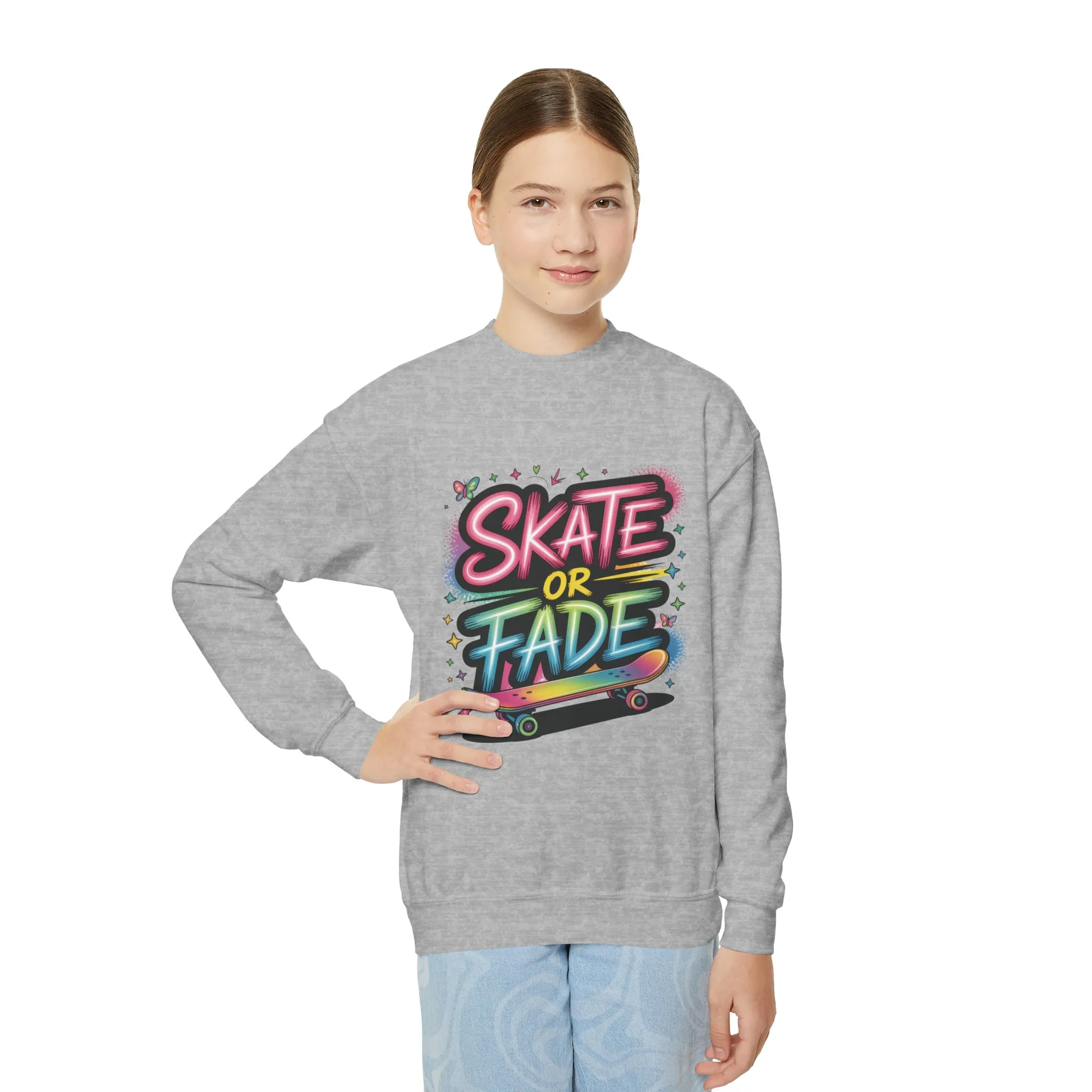 Youth Crewneck Sweatshirt, Skate Or Fade Girls Sweatshirt, Colorful Graffiti Skateboarding Crewneck Sweatshirt, Youth Streetwear Gift - Image 7