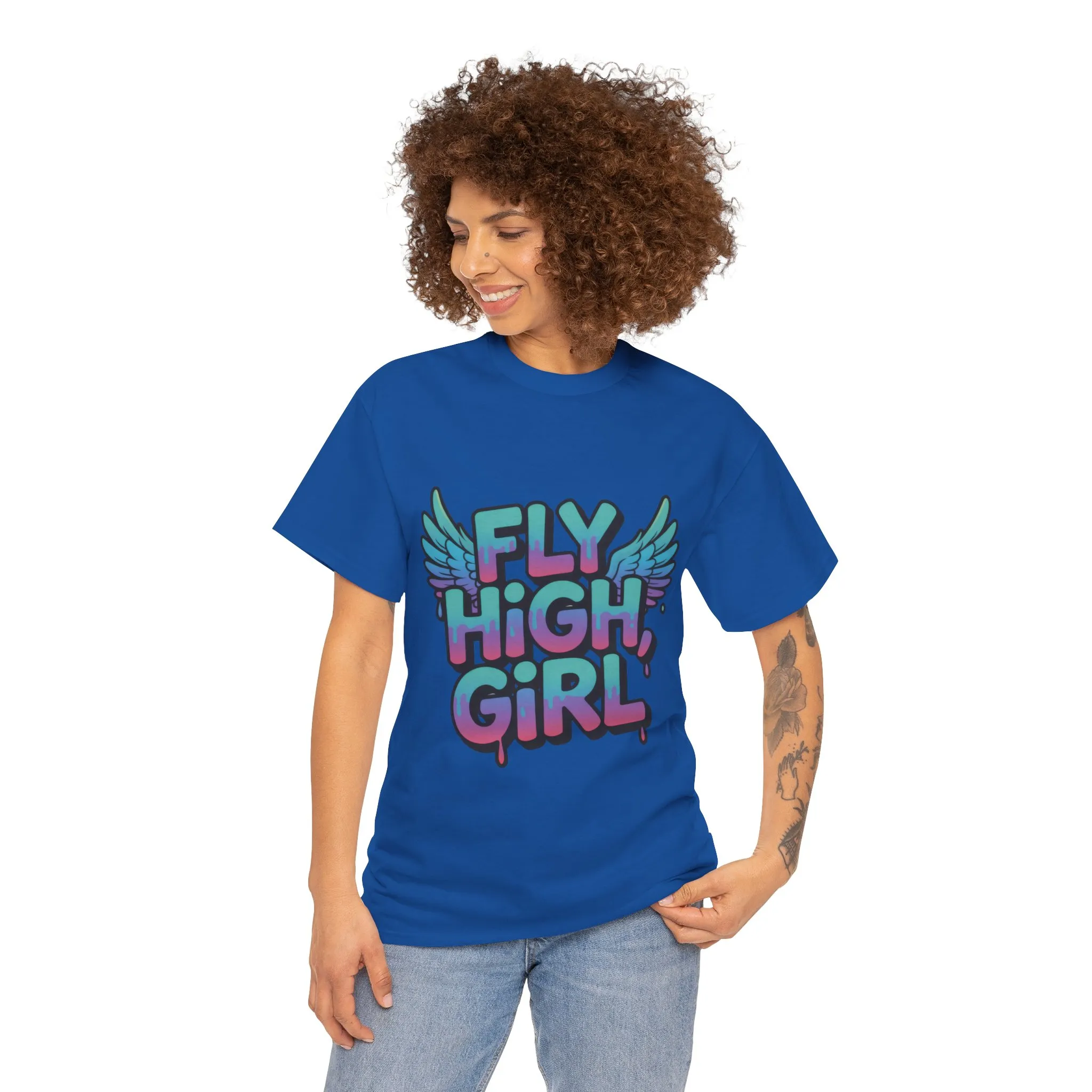 Women's Graphic Tee Fly High Girl, Angel Wings Graffiti Drip T-Shirt, Bold Streetwear Top - Image 17