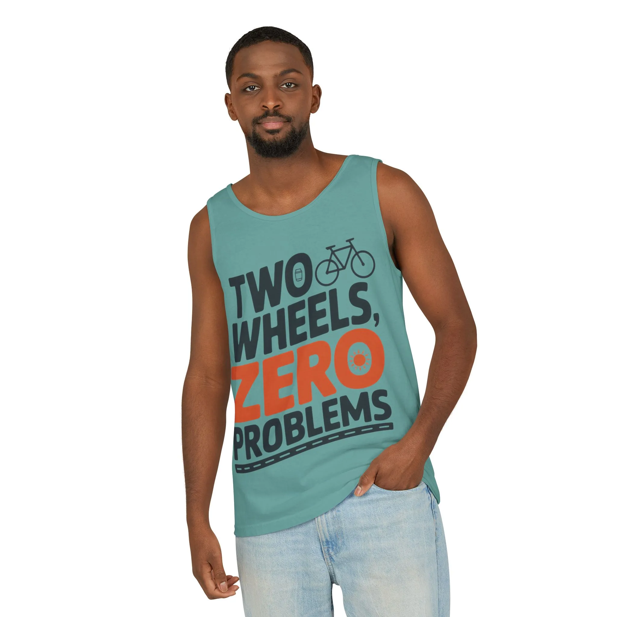 Mens Garment-Dyed Tank Top, Two Wheels Zero Problems Mens Cycling Graphic Tank, Gift for Cyclists - Image 10