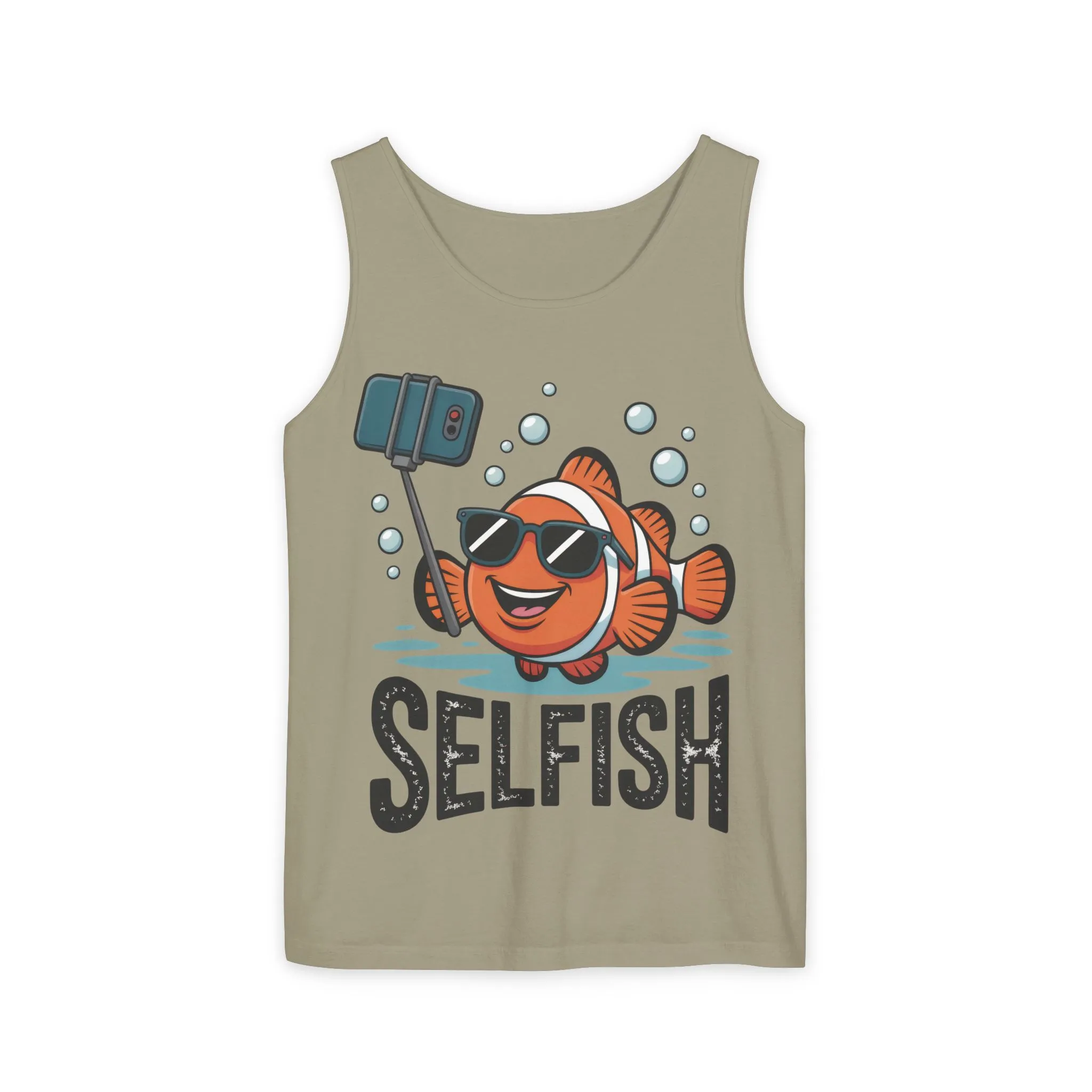 Mens Garment-Dyed Tank Top, Mens Selfish Funny Fish Tank Top, Cute Selfie Graphic Shirt, Ocean Humor Top - Image 4