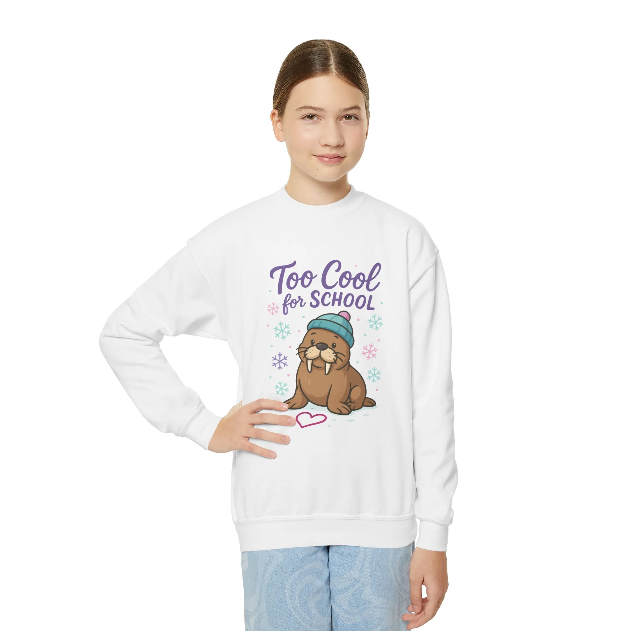 Youth Crewneck Sweatshirt, Kids Too Cool for School Walrus Sweatshirt, Funny Animal Pullover, Cute Winter Top - Image 2