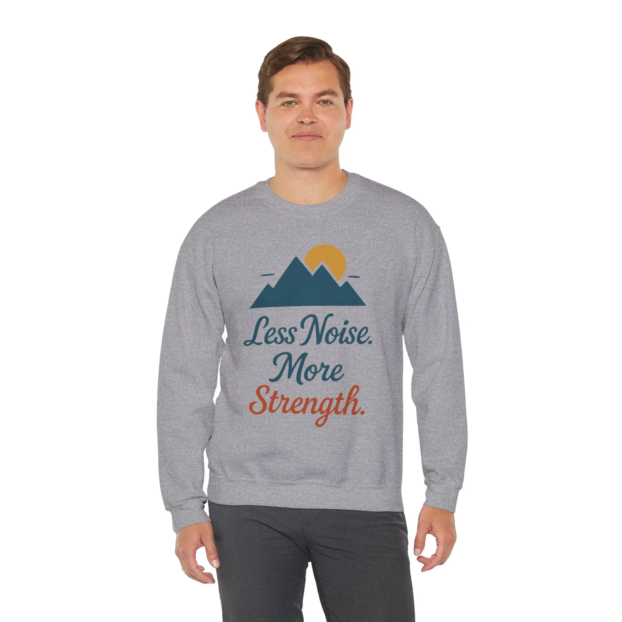 Mens Less Noise More Strength Sweatshirt, Motivational Mountain Pullover Top, Mens Heavy Blend™ Crewneck Sweatshirt - Image 9