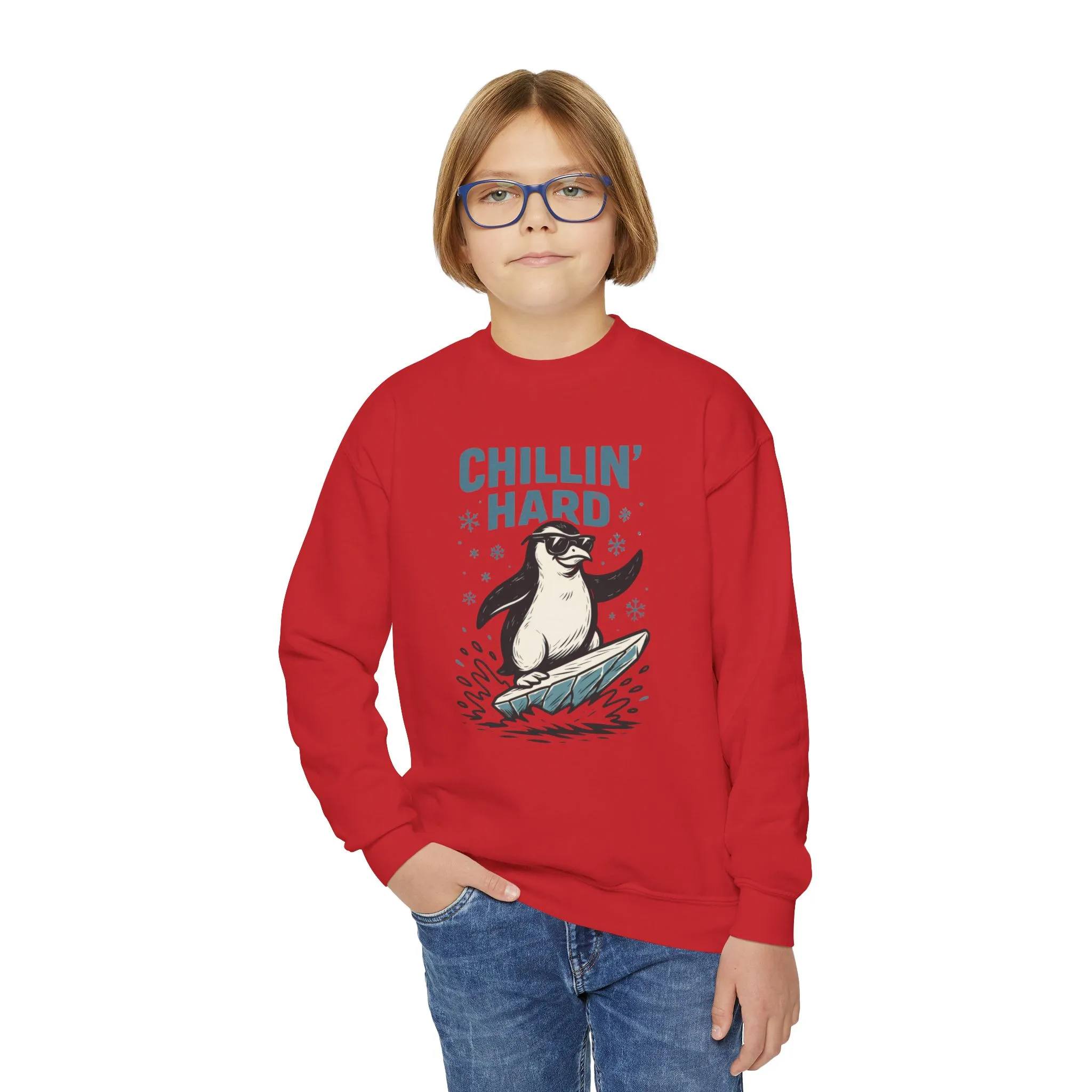 Youth Crewneck Sweatshirt, Kids Chillin Hard Penguin Sweatshirt, Funny Cool Animal Pullover for Children - Image 14