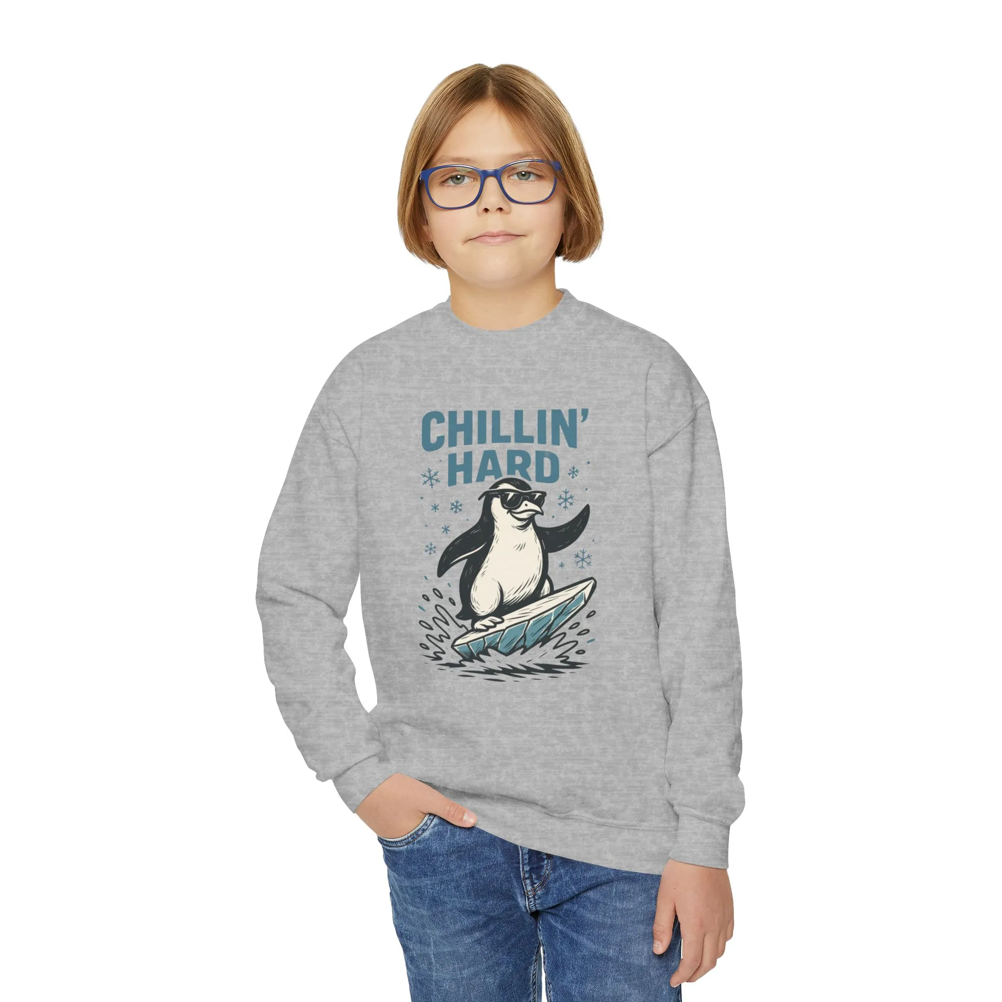 Youth Crewneck Sweatshirt, Kids Chillin Hard Penguin Sweatshirt, Funny Cool Animal Pullover for Children - Image 2