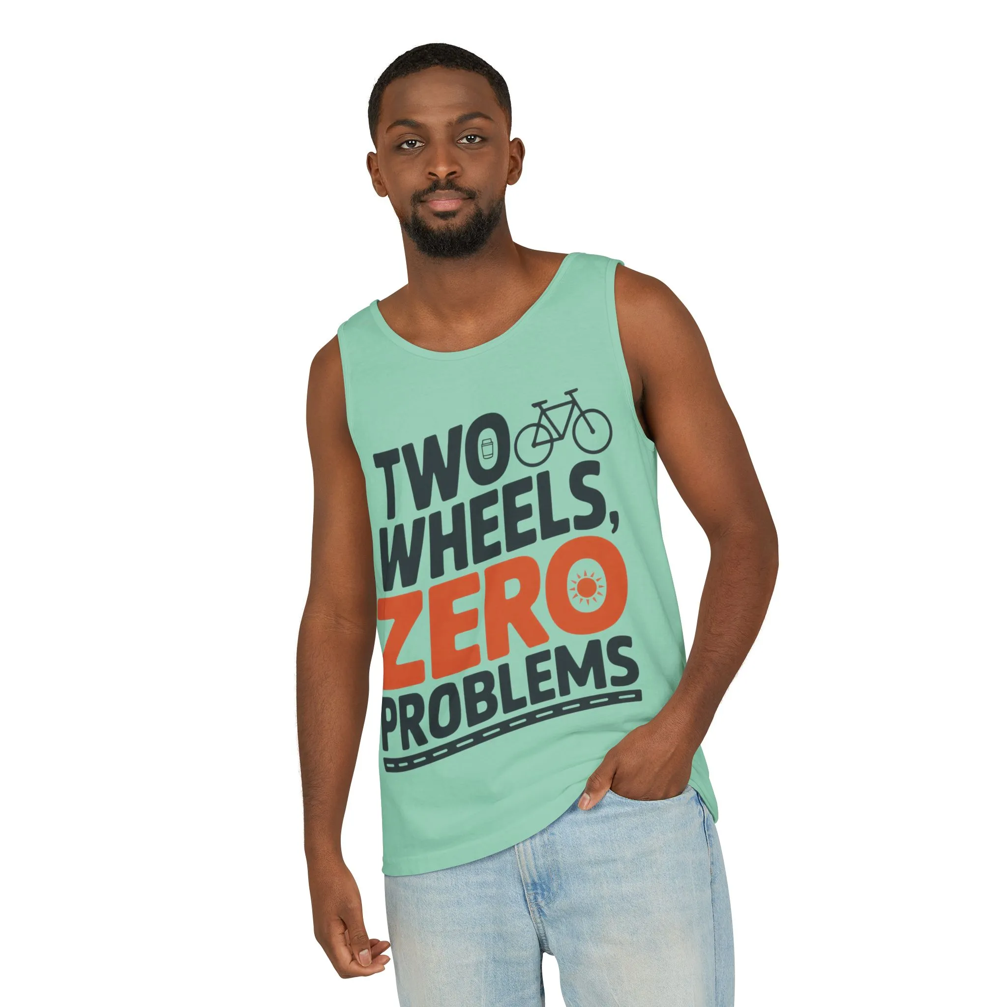 Mens Garment-Dyed Tank Top, Two Wheels Zero Problems Mens Cycling Graphic Tank, Gift for Cyclists - Image 8