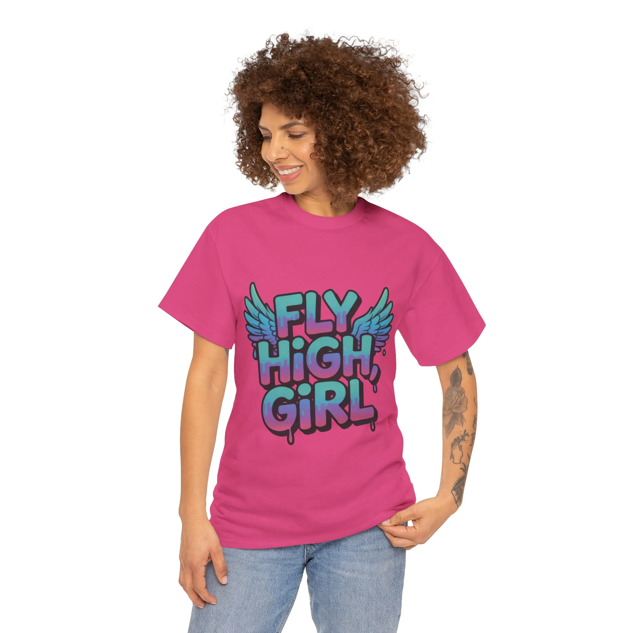 Women's Graphic Tee Fly High Girl, Angel Wings Graffiti Drip T-Shirt, Bold Streetwear Top - Image 23