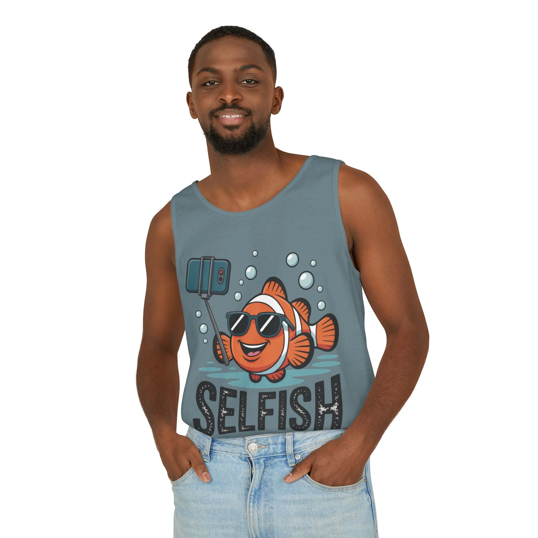 Mens Garment-Dyed Tank Top, Mens Selfish Funny Fish Tank Top, Cute Selfie Graphic Shirt, Ocean Humor Top - Image 24