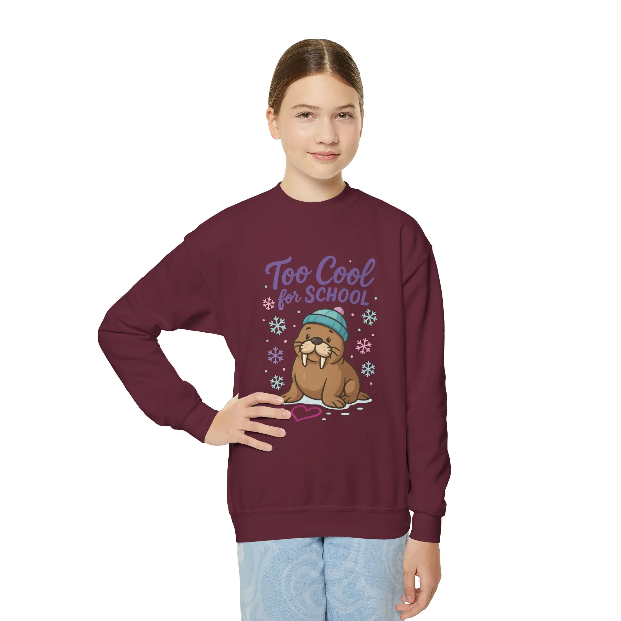 Youth Crewneck Sweatshirt, Kids Too Cool for School Walrus Sweatshirt, Funny Animal Pullover, Cute Winter Top - Image 11
