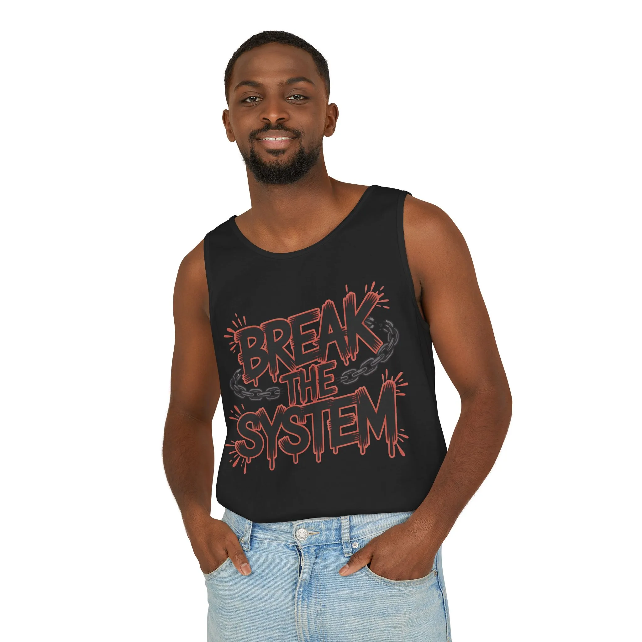 Men's Garment-Dyed Tank Top, Break the System Tank Top, Graphic Protest Muscle Tee, Streetwear Activist Summer Top - Image 27