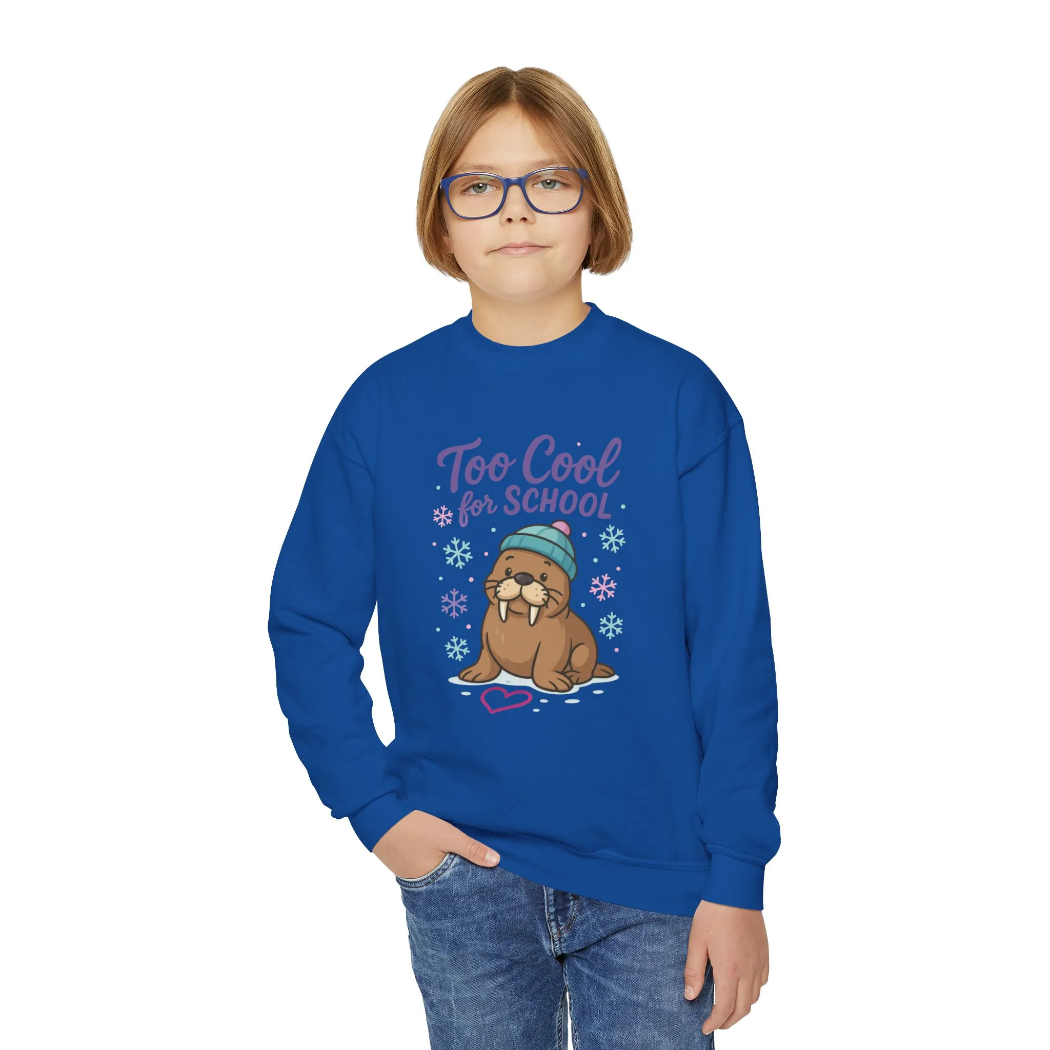 Youth Crewneck Sweatshirt, Kids Too Cool for School Walrus Sweatshirt, Funny Animal Pullover, Cute Winter Top - Image 18