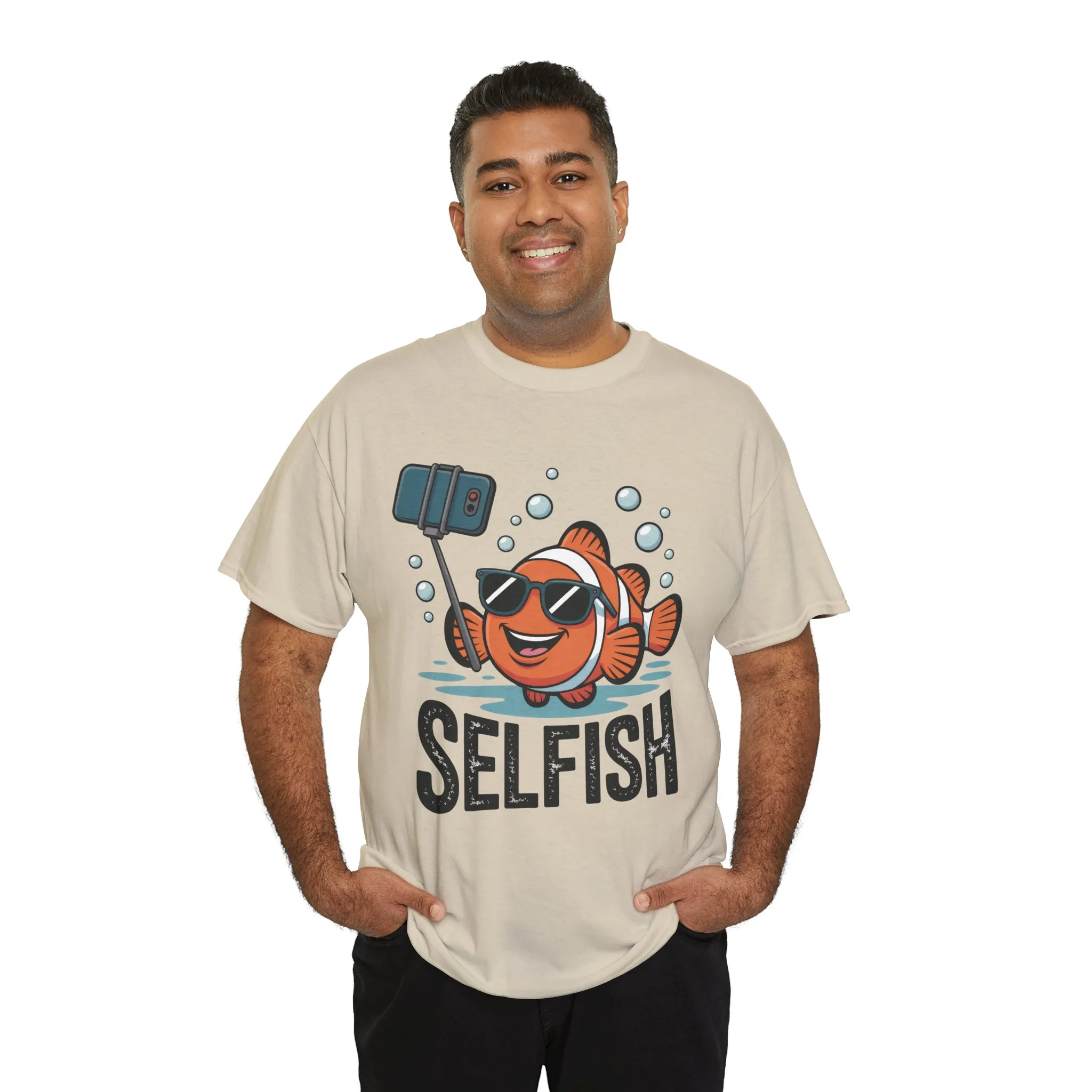 Unisex Heavy Cotton Tee, Mens Selfish Funny Fish T-Shirt, Cute Selfie Graphic Tee, Ocean Humor Shirt - Image 3
