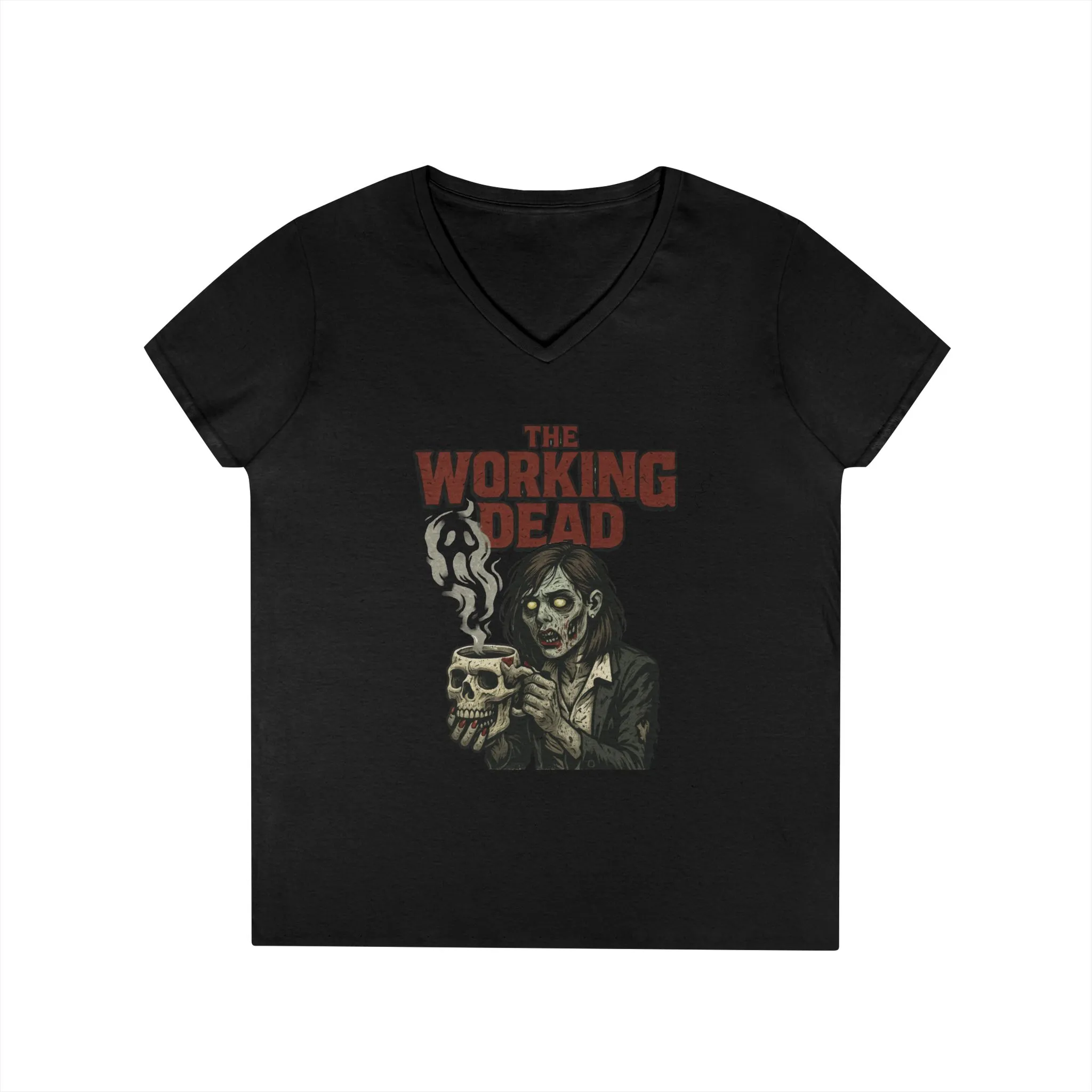 Ladies' V-Neck T-Shirt, The Working Dead Women's Zombie Funny Office T-Shirt, Meeting Humor Tee, Halloween Work Tee - Image 4