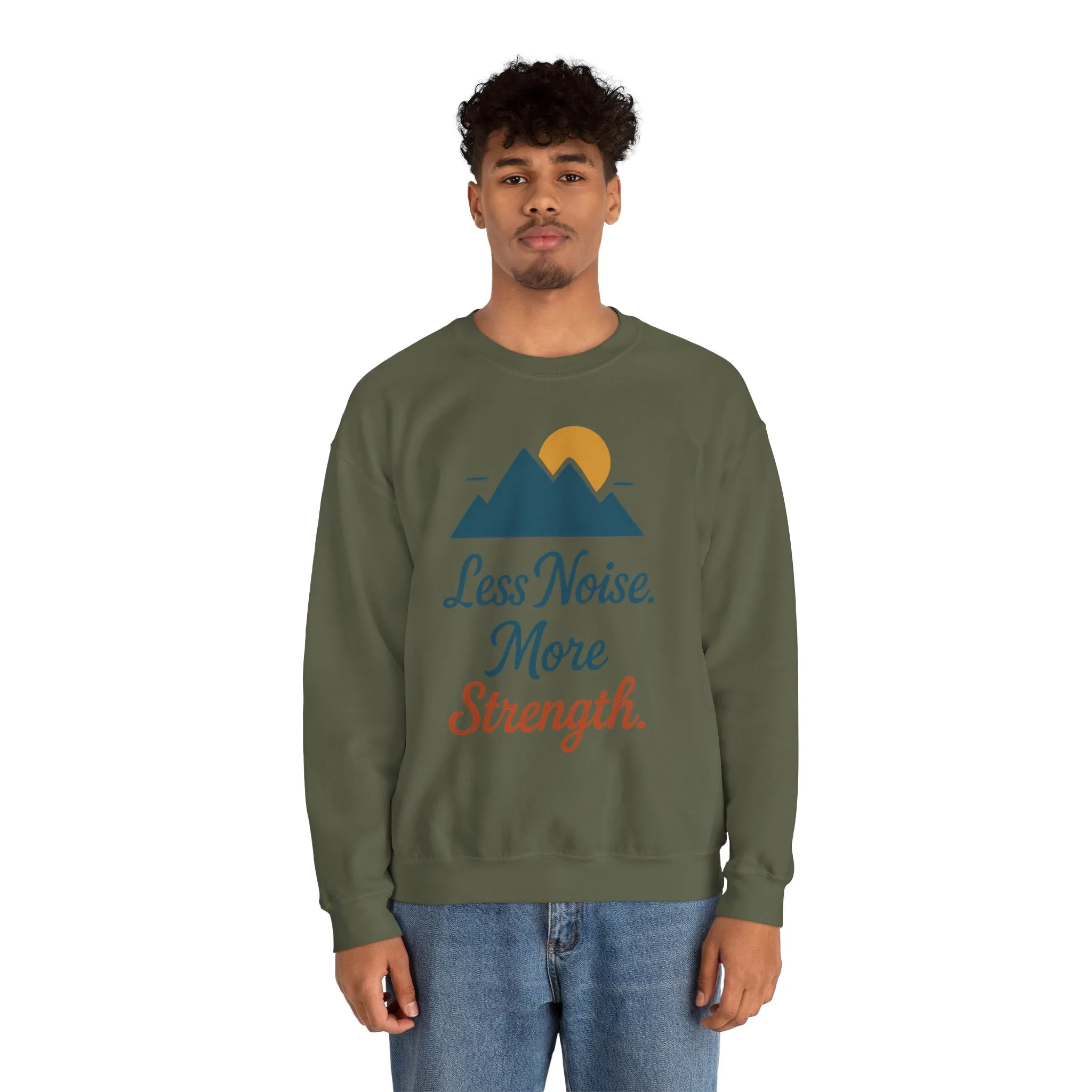 Mens Less Noise More Strength Sweatshirt, Motivational Mountain Pullover Top, Mens Heavy Blend™ Crewneck Sweatshirt - Image 11