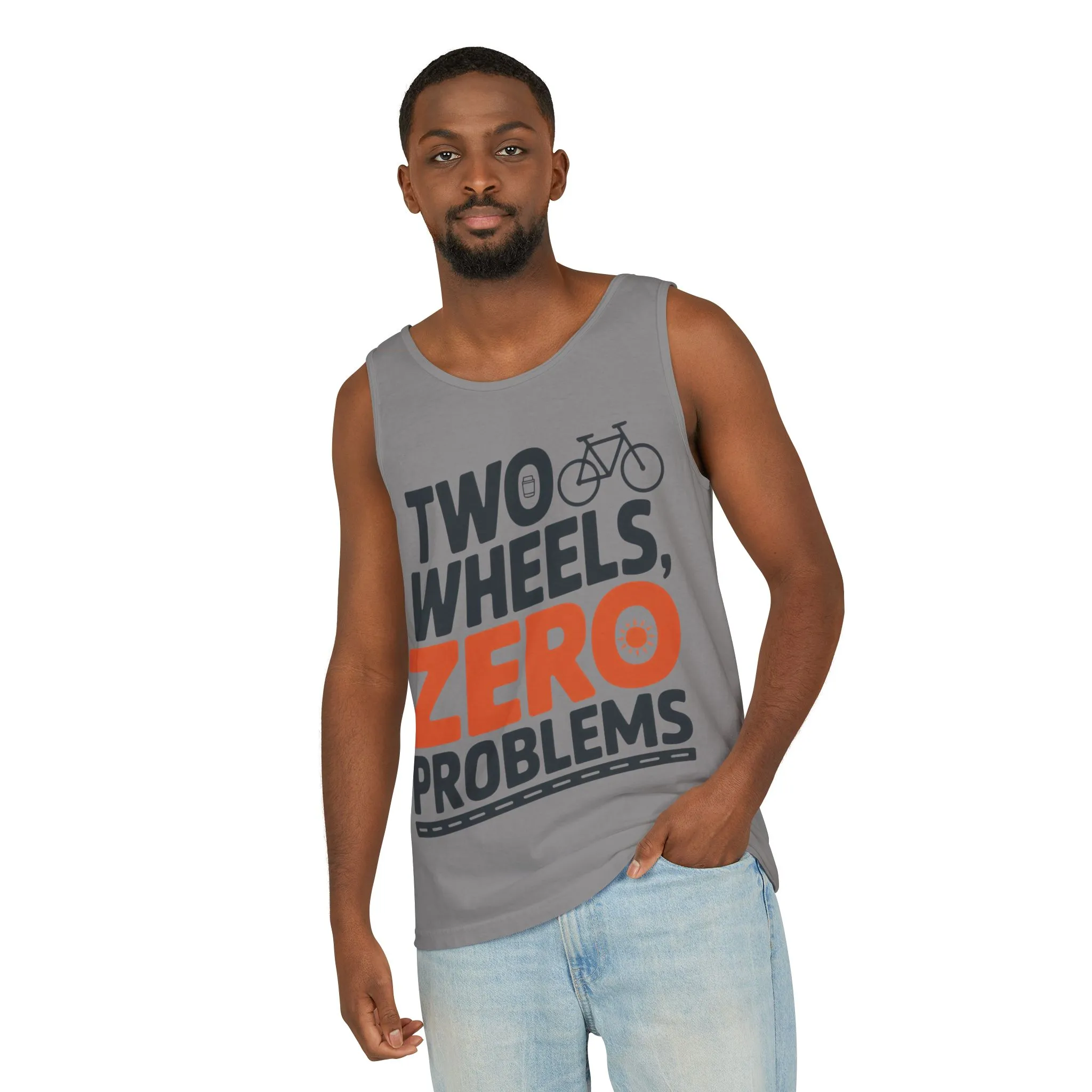 Mens Garment-Dyed Tank Top, Two Wheels Zero Problems Mens Cycling Graphic Tank, Gift for Cyclists - Image 6