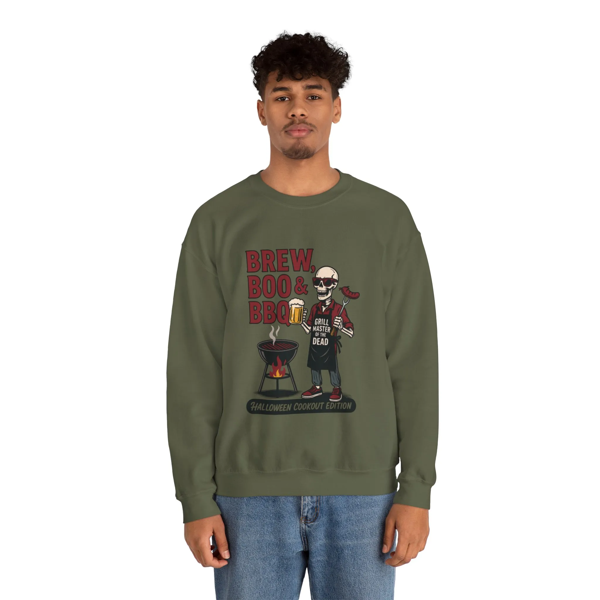 Halloween BBQ Men's Sweatshirt, Brew Boo & BBQ Skeleton Grill Master, Spooky Dad Gift, Skeleton Dad Sweat, Grill Master Crew - Image 8