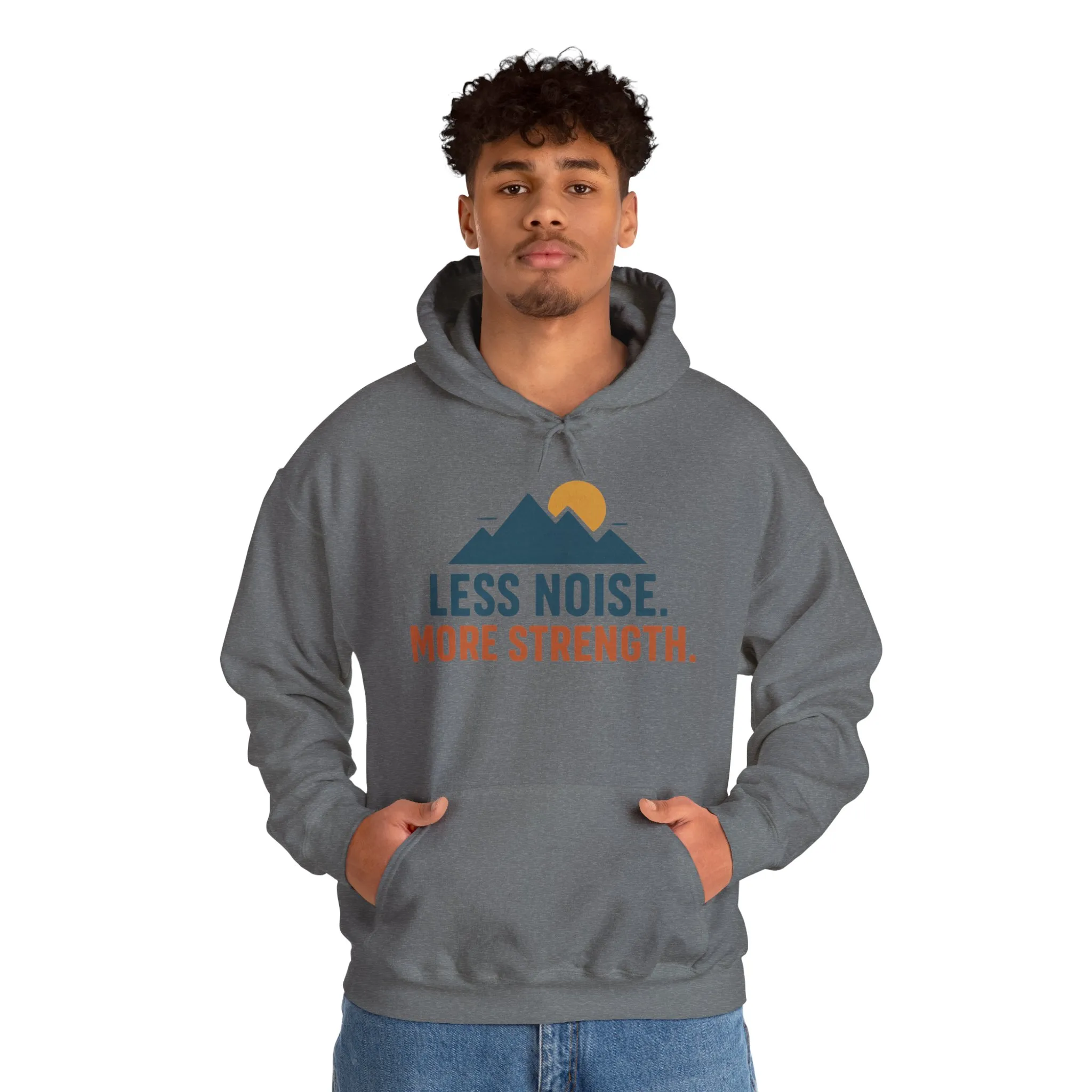 Men’s Less Noise More Strength Hoodie, Motivational Mountain Graphic Pullover, Mens Heavy Blend™ Hooded Sweatshirt - Image 16