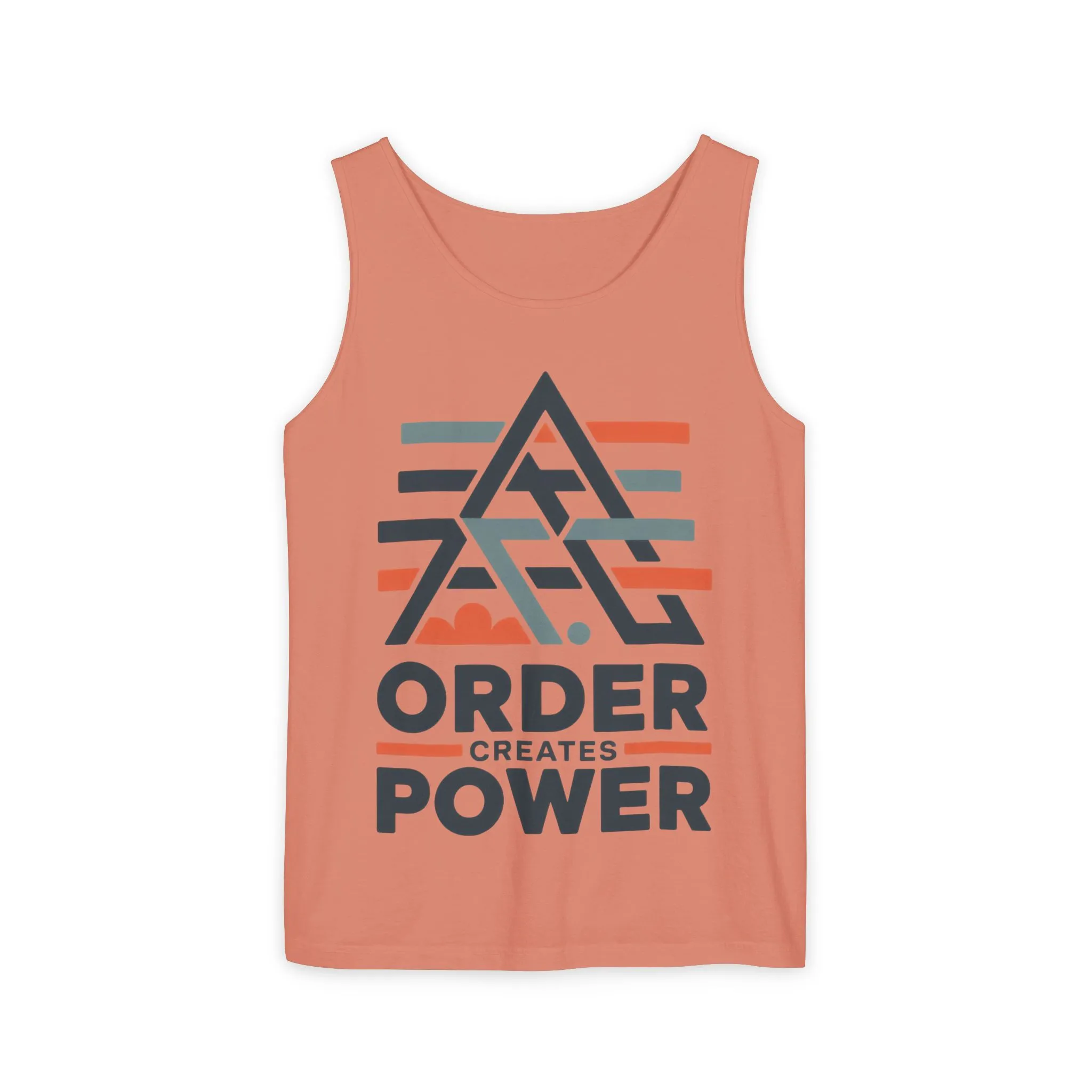 Mens Garment-Dyed Tank Top, Mens Tank Top Order Creates Power, Minimal Geometric Motivational Graphic Summer Shirt - Image 3
