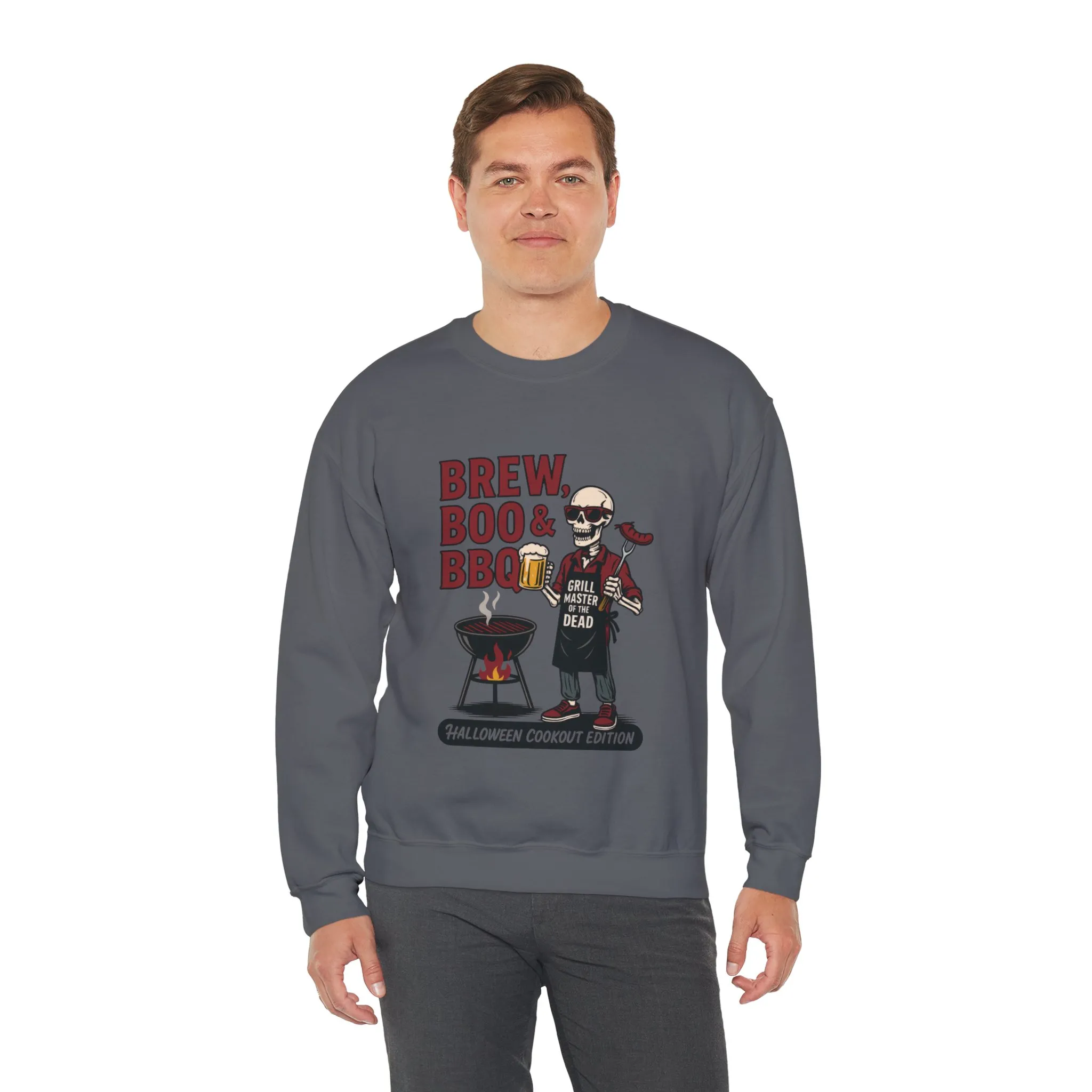 Halloween BBQ Men's Sweatshirt, Brew Boo & BBQ Skeleton Grill Master, Spooky Dad Gift, Skeleton Dad Sweat, Grill Master Crew - Image 18