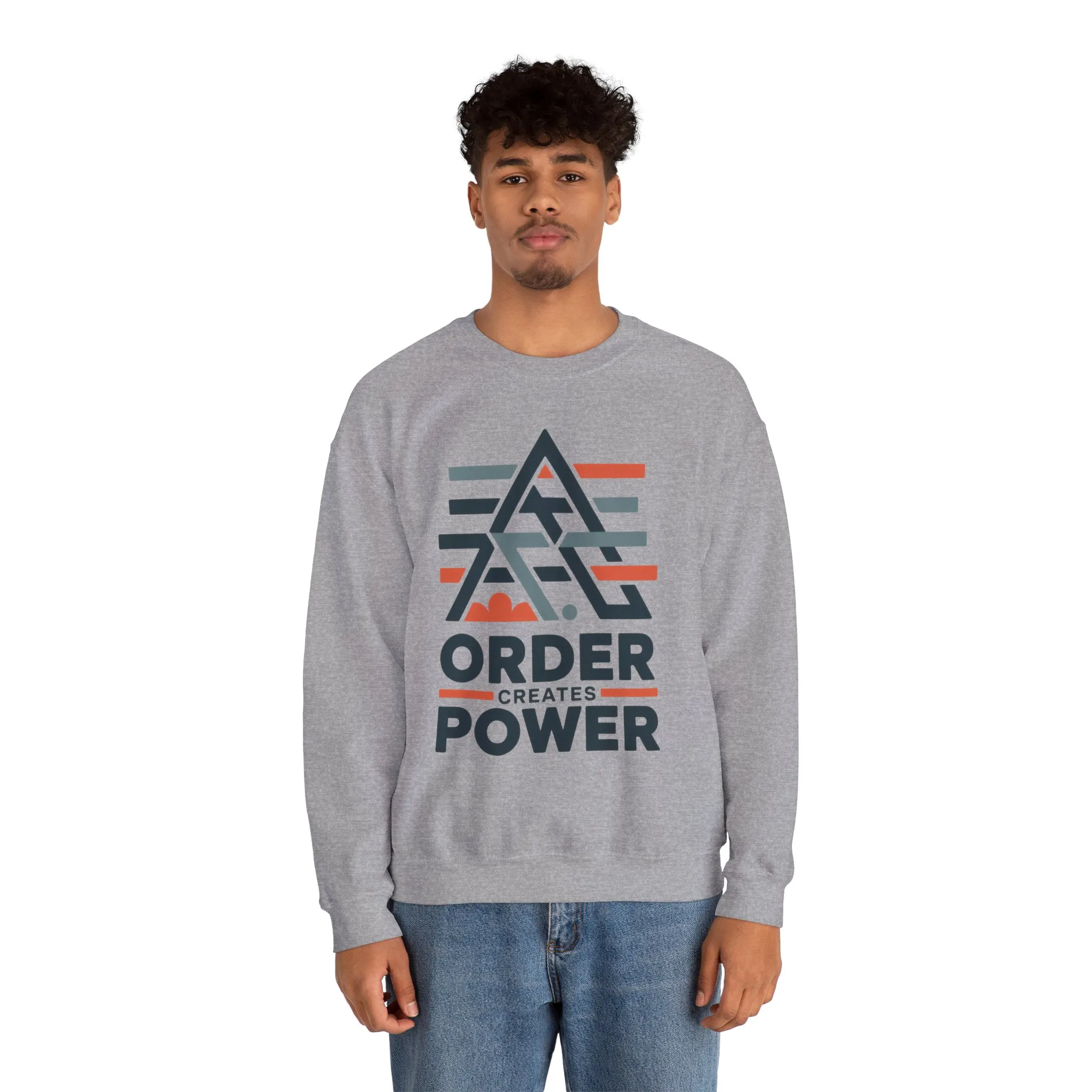 Mens Sweatshirt Order Creates Power, Minimal Geometric Motivational Graphic Pullover, Heavy Blend™ Crewneck Sweatshirt - Image 11