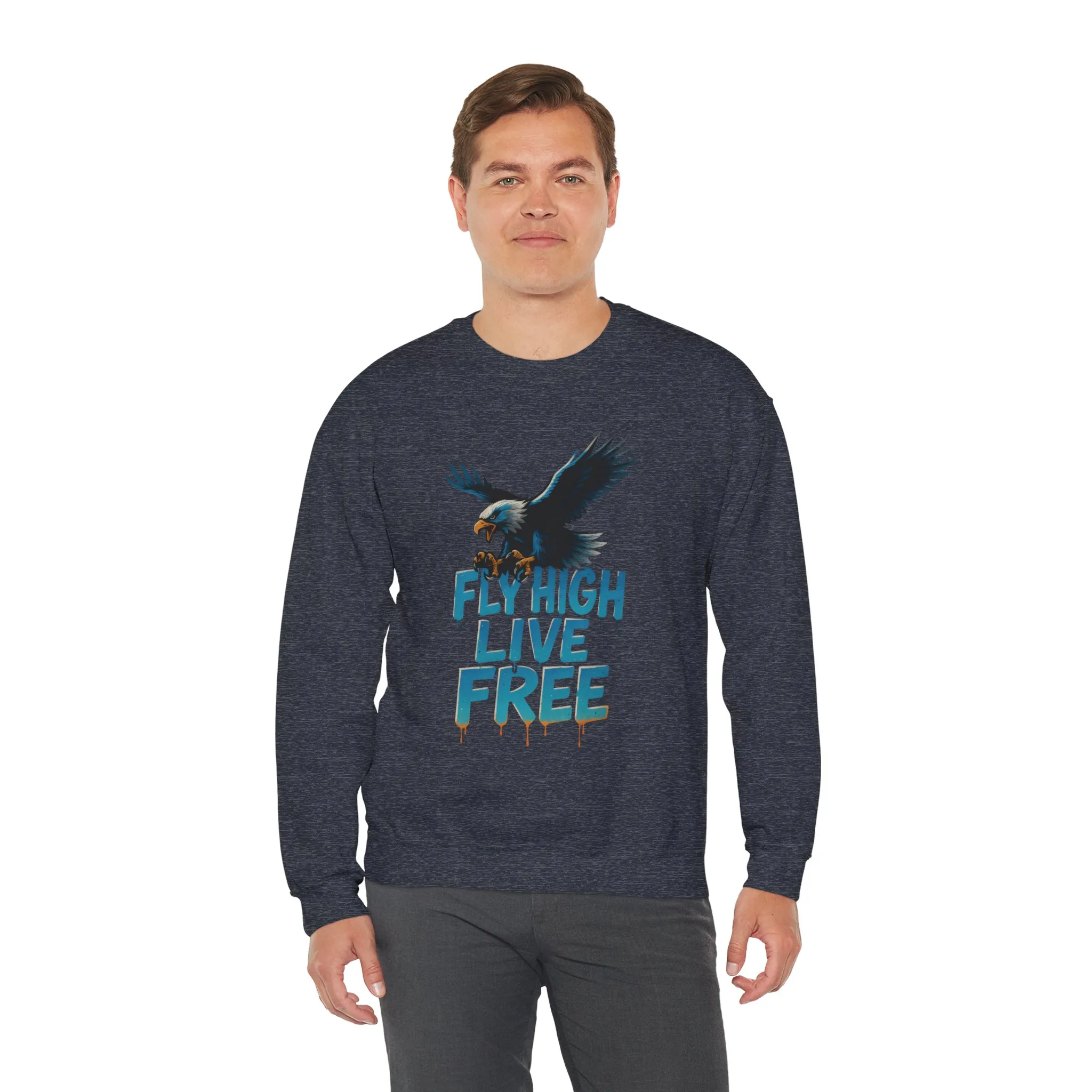 Mens Heavy Blend™ Crewneck Sweatshirt, Fly High Live Free Mens Eagle Graphic Sweatshirt - Image 3