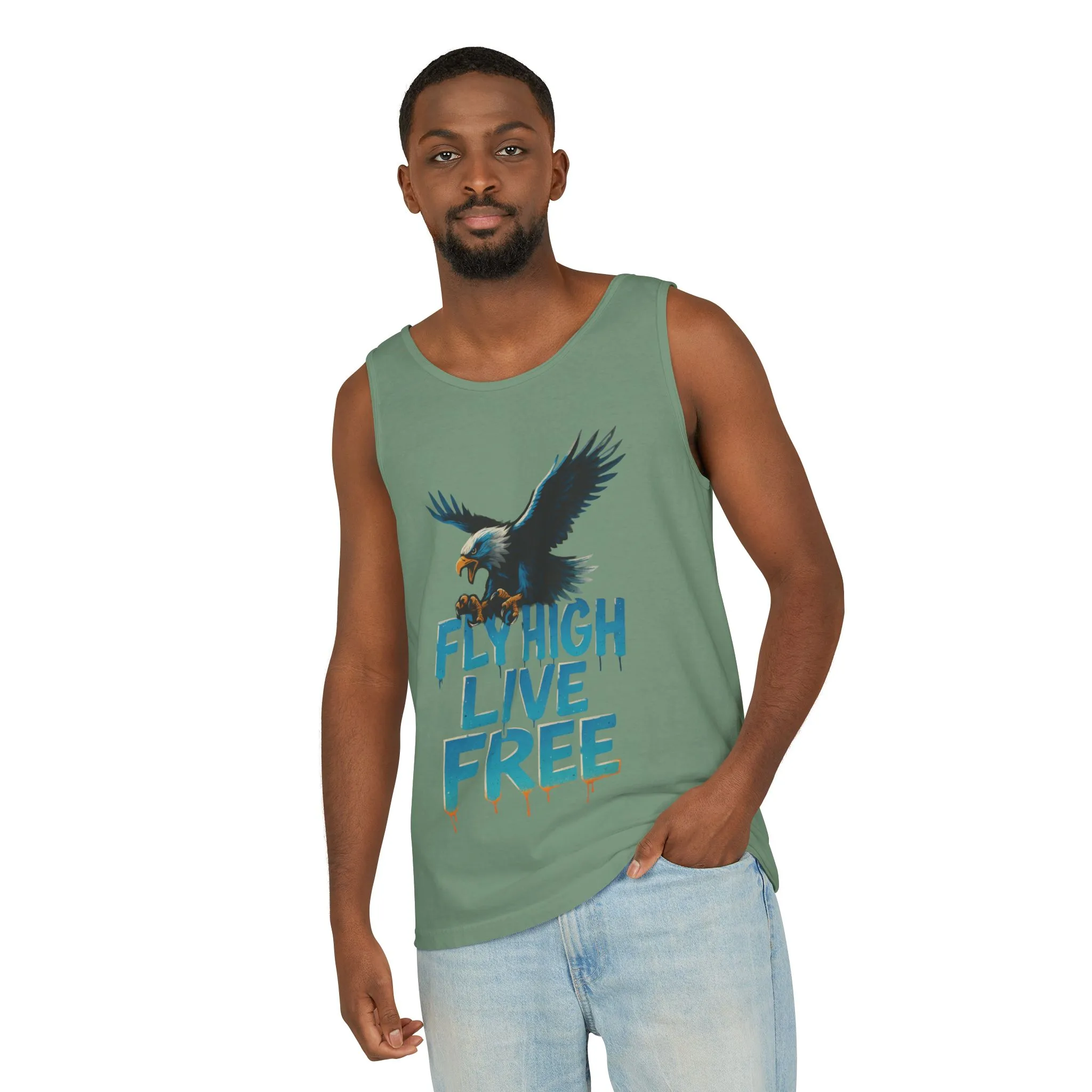 Mens Garment-Dyed Tank Top, Fly High Live Free Eagle Mens Tank Top Gym Wear - Image 8