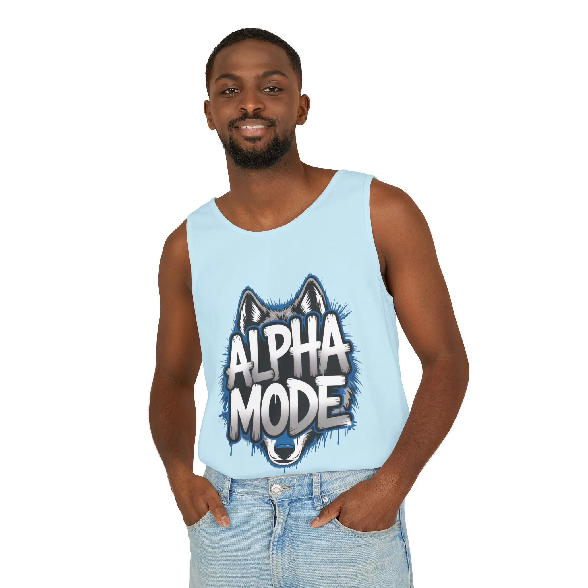 Mens Garment-Dyed Tank Top, Alpha Mode Wolf Graphic Mens Tank Top Gym Wear - Image 12