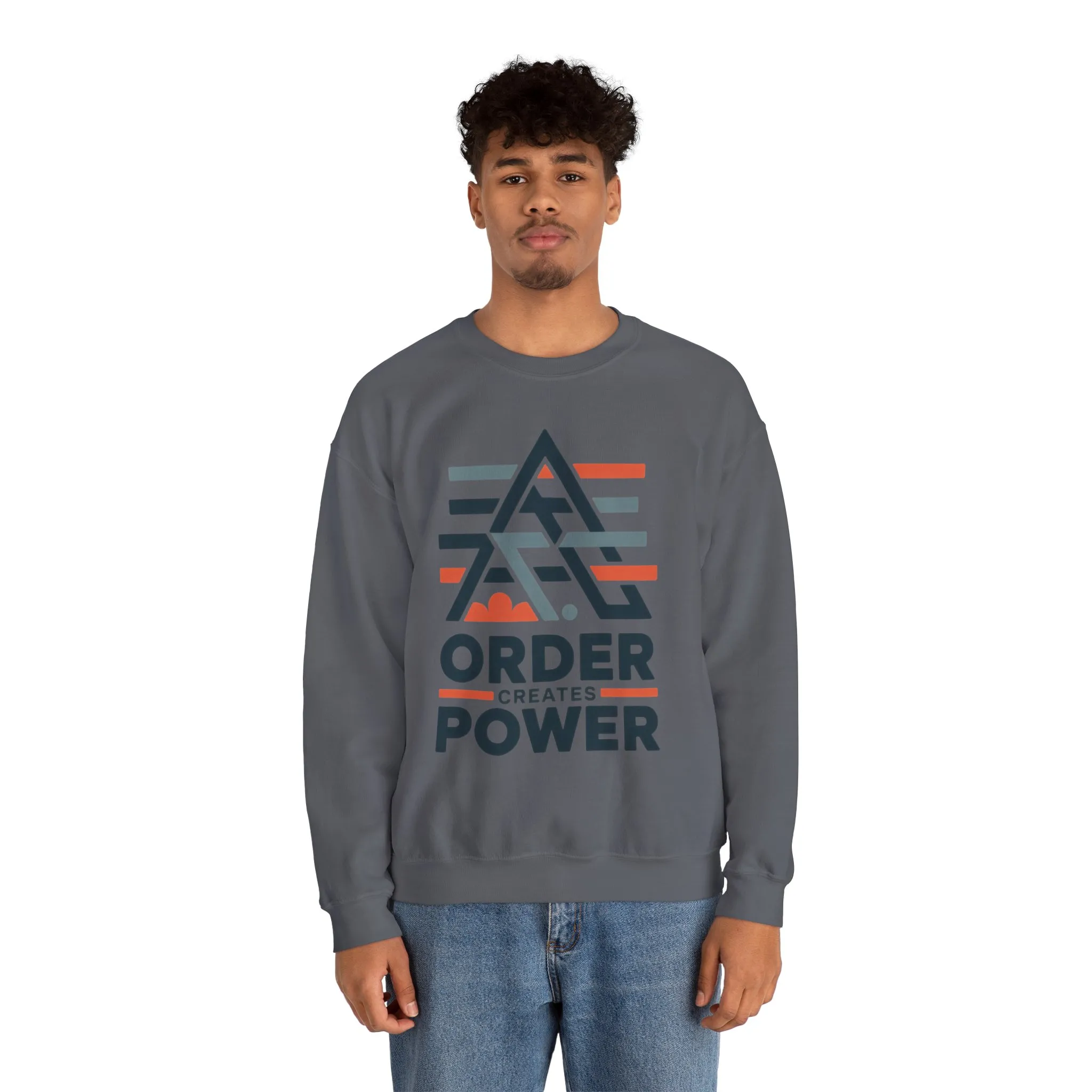 Mens Sweatshirt Order Creates Power, Minimal Geometric Motivational Graphic Pullover, Heavy Blend™ Crewneck Sweatshirt - Image 27