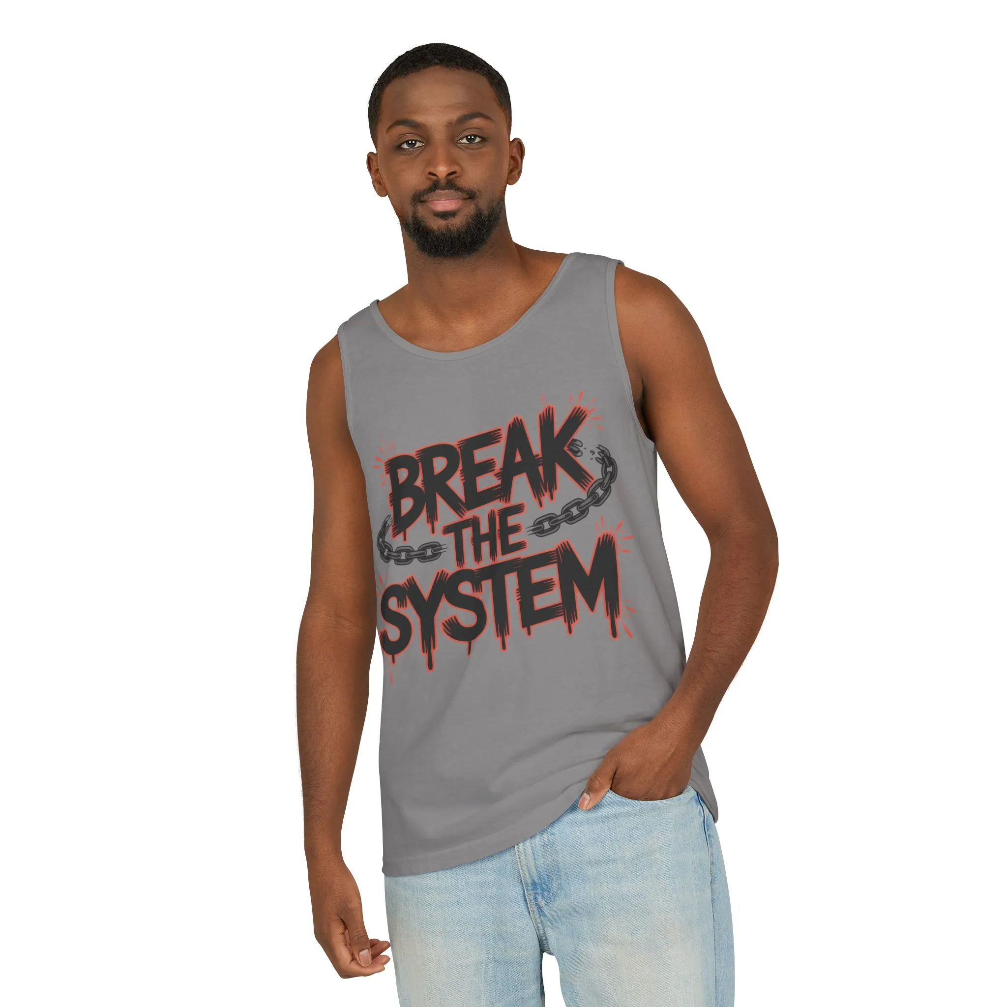 Men's Garment-Dyed Tank Top, Break the System Tank Top, Graphic Protest Muscle Tee, Streetwear Activist Summer Top - Image 7