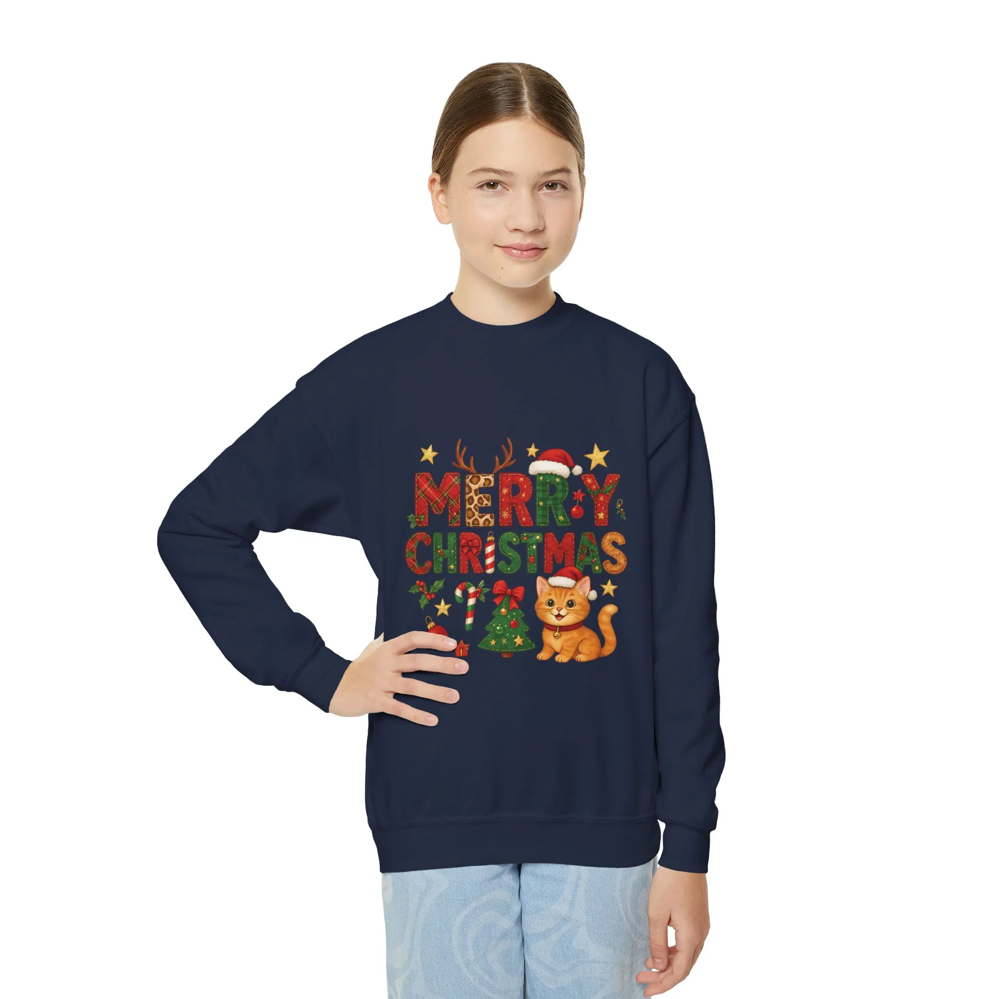 Merry Christmas Cat Sweatshirt for Girls, Cozy Holiday Kitten Jumper, Youth Crewneck Sweatshirt - Image 17