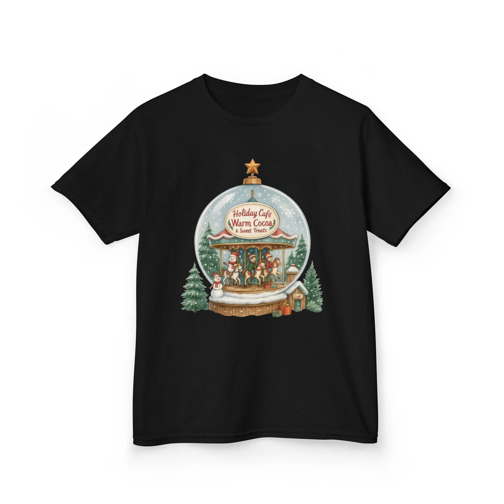 Youth Holiday Café Christmas T-Shirt, Warm Cocoa Carousel Kids Tee - Image 5