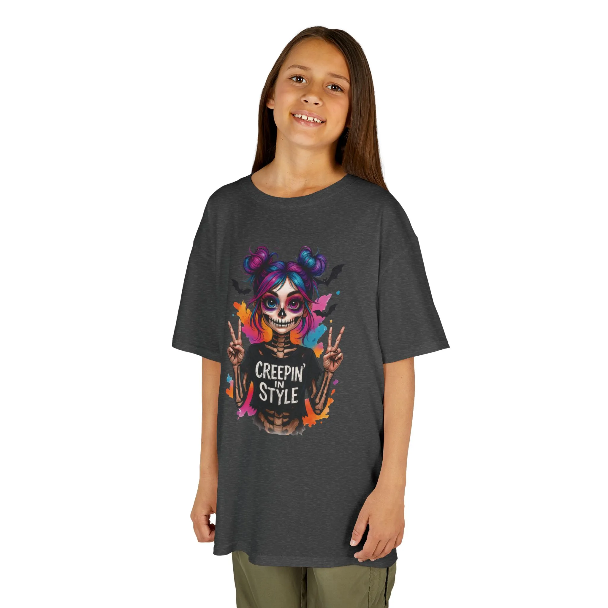 Creepin' in Style Kids Halloween T-Shirt, Colorful Skeleton Girl Design, Cute Spooky Shirt for Trendy Girls - Image 8