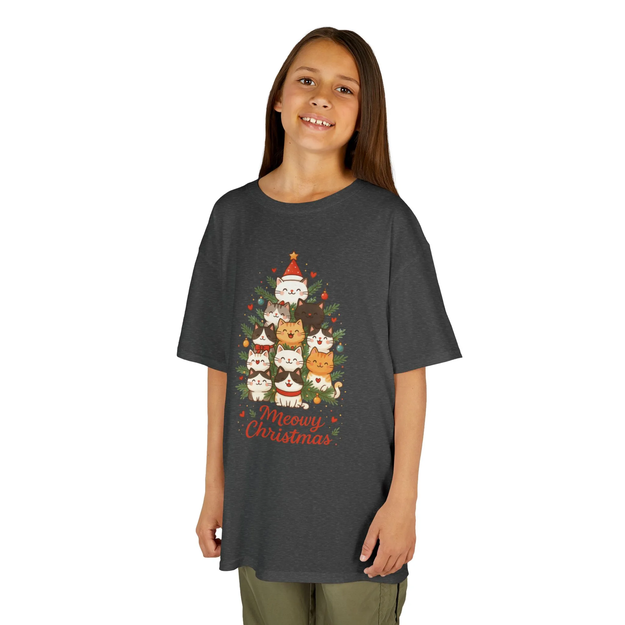 Youth Meowy Christmas Cat T-Shirt, Cute Kids Holiday Kitty Tee - Image 10