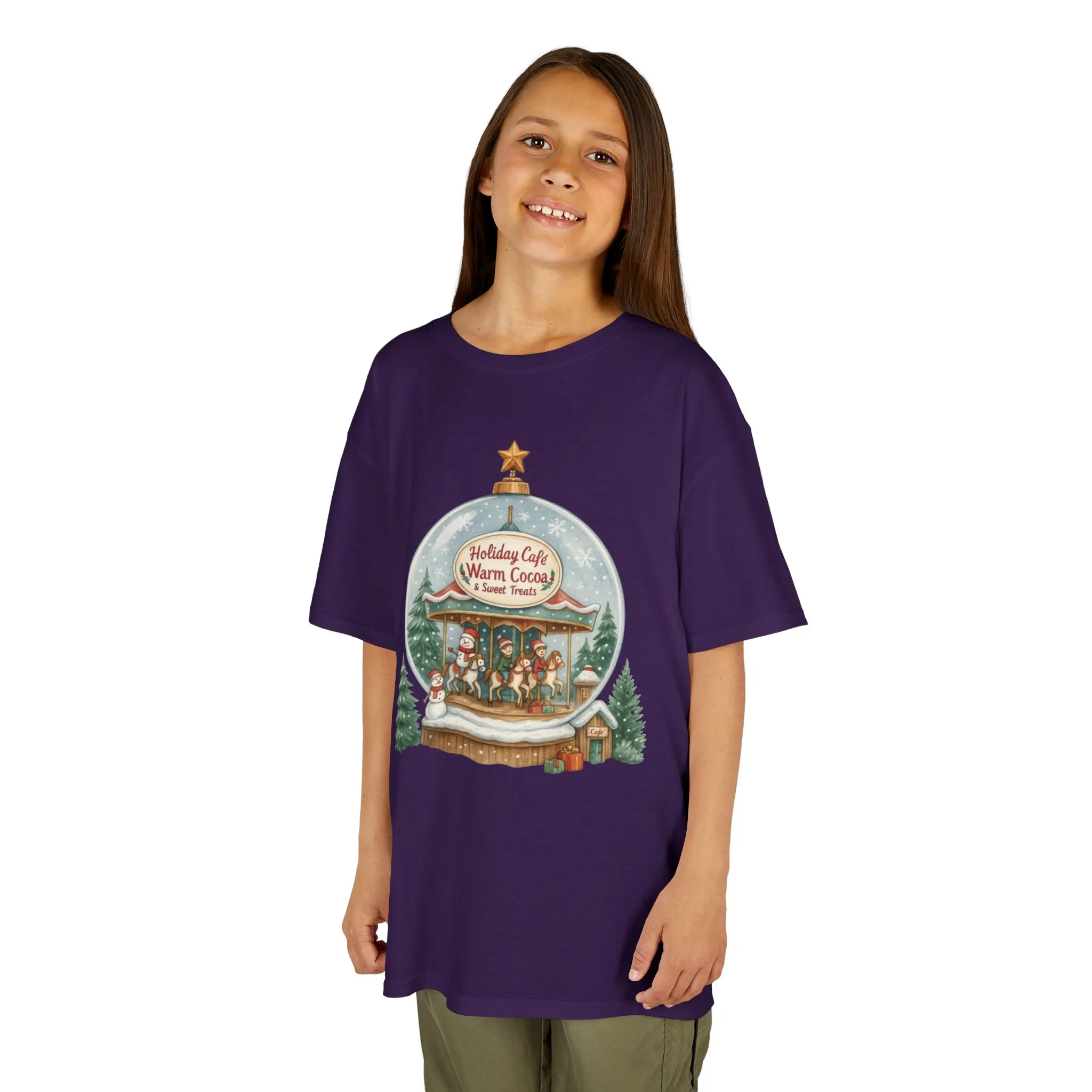 Youth Holiday Café Christmas T-Shirt, Warm Cocoa Carousel Kids Tee - Image 14