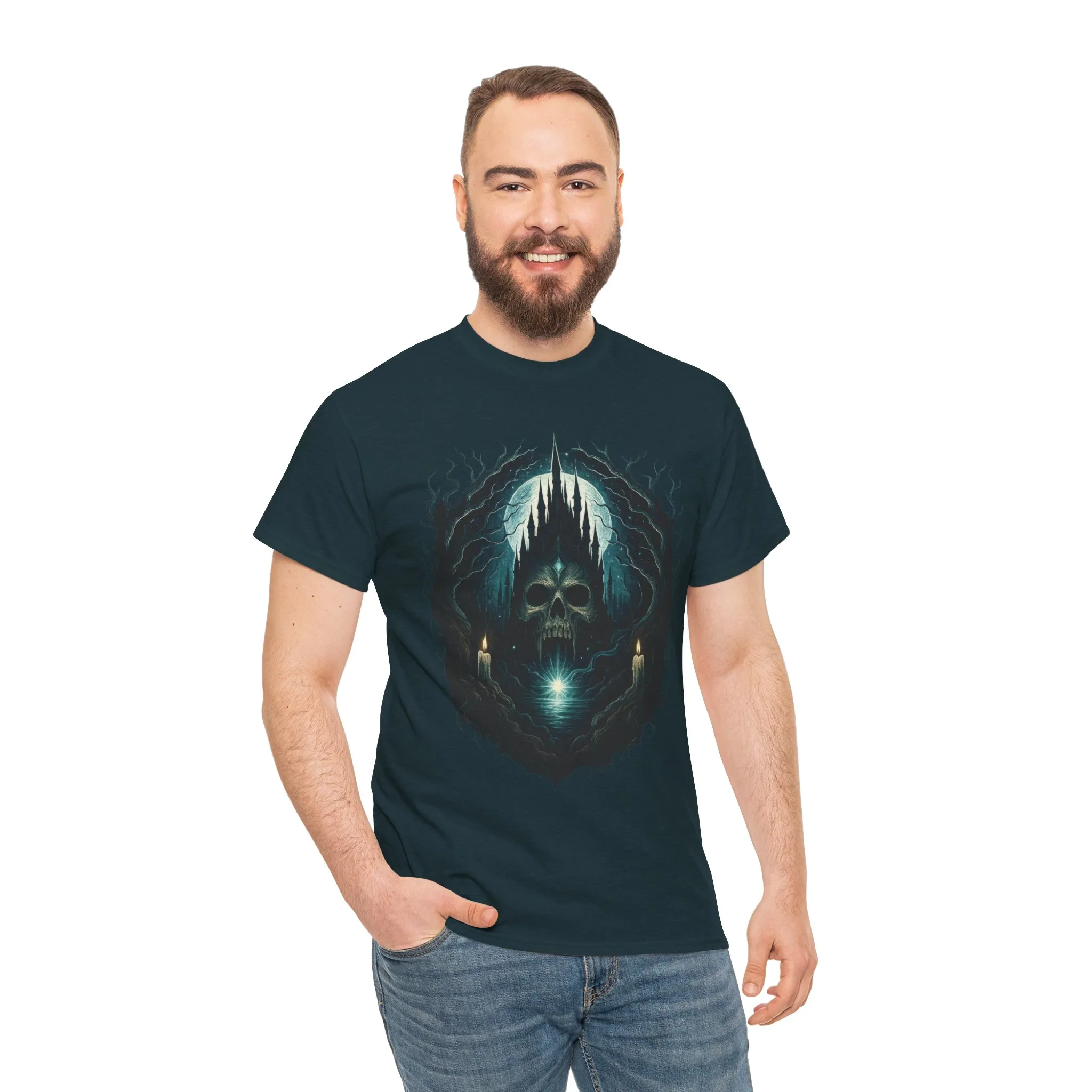 Gothic Skull Castle Men's T-Shirt, Dark Horror Haunted Night Graphic Tee, Halloween Shirt - Image 8
